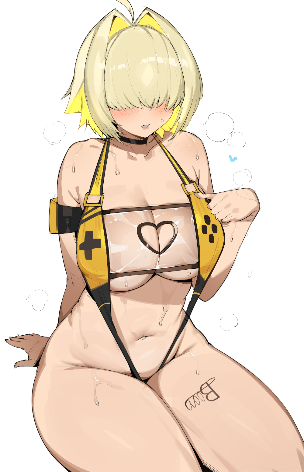 dr octojuice, elegg (boom and shock) (nikke), elegg (nikke), goddess of victory: nikke, commentary, highres, symbol-only commentary, 1girl, ahoge, arm support, black choker, blush, breasts, choker, clothing cutout, game controller print, hair intakes, hair over eyes, heart cutout, huge breasts, navel, official alternate costume, slingshot swimsuit, solo, sweat, swimsuit, very sweaty, white background, yellow slingshot swimsuit