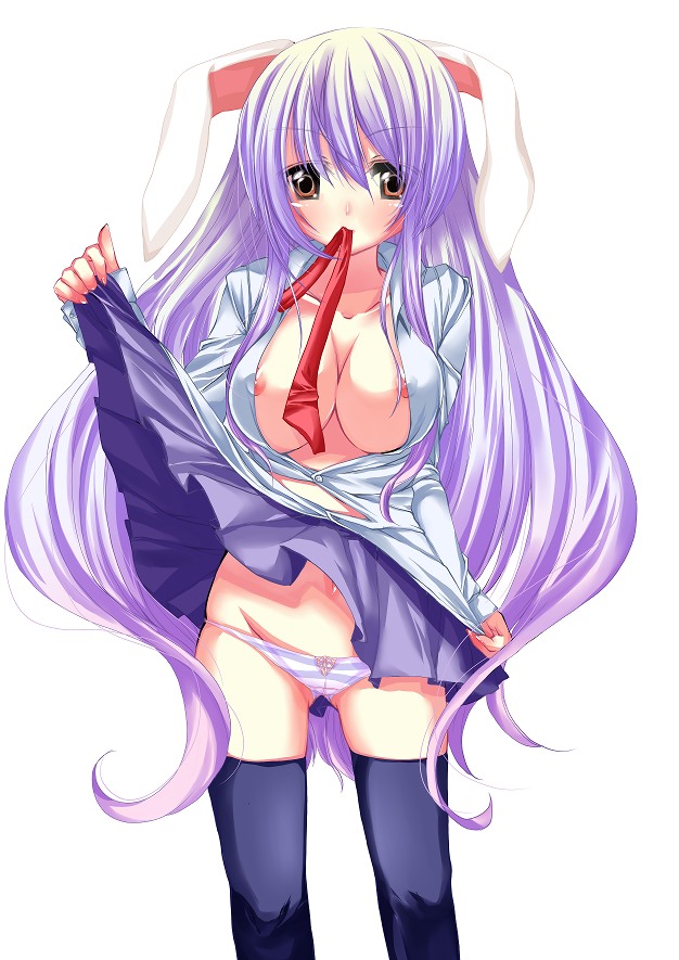 niwaka yuan, yun (pixiv4272), reisen udongein inaba, yun, touhou, 1girl, animal ears, breasts, clothes lift, female focus, large breasts, long hair, mouth hold, necktie, nipple slip, nipples, no bra, open clothes, open shirt, panties, purple hair, rabbit ears, red necktie, shirt, skirt, skirt lift, solo, striped clothes, striped panties, thighhighs, underwear, upskirt, very long hair
