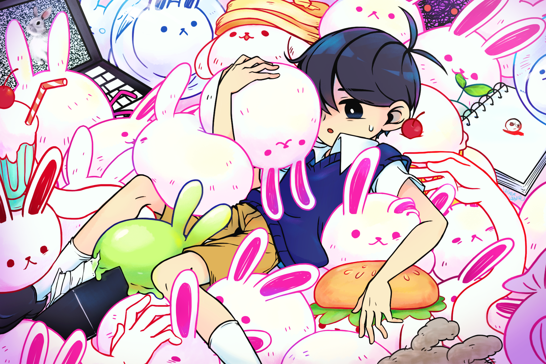 laser-lance, bug bunny (omori), bun bunny (omori), cupcake bunny (omori), dust bunny (omori), forest bunny? (omori), forest bunny (omori), ghost bunny (omori), pancake bunny (omori), rabbit? (omori), slime bunny (omori), snow bunny (omori), space bunny (omori), sprout bunny (omori), sunny (omori), omori, character request, check character, highres, 1boy, antenna hair, black eyes, black hair, black shoes, black sweater vest, bright pupils, brown shorts, brown socks, cherry, collared shirt, computer, drinking straw, fish bunny (omori), food, fruit, laptop, loafers, milkshake, milkshake bunny (omori), pancake, rabbit, shirt, shoes, short hair, short sleeves, shorts, sketchbook, socks, solo, sweater vest, tissue, tissue box, white pupils, white shirt