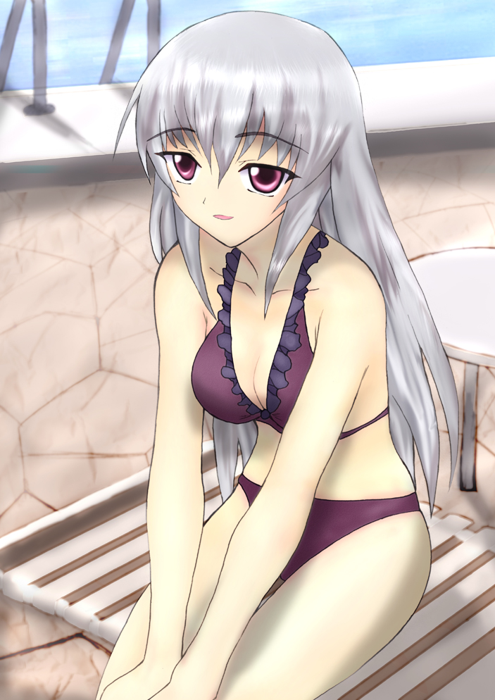 aoki juntarou, suigintou, rozen maiden, silver hair, bad id, bad pixiv id, 00s, 1girl, bikini, breasts, chair, cleavage, female focus, long hair, lounge chair, pool, pool ladder, poolside, purple bikini, red eyes, solo, swimsuit, v arms