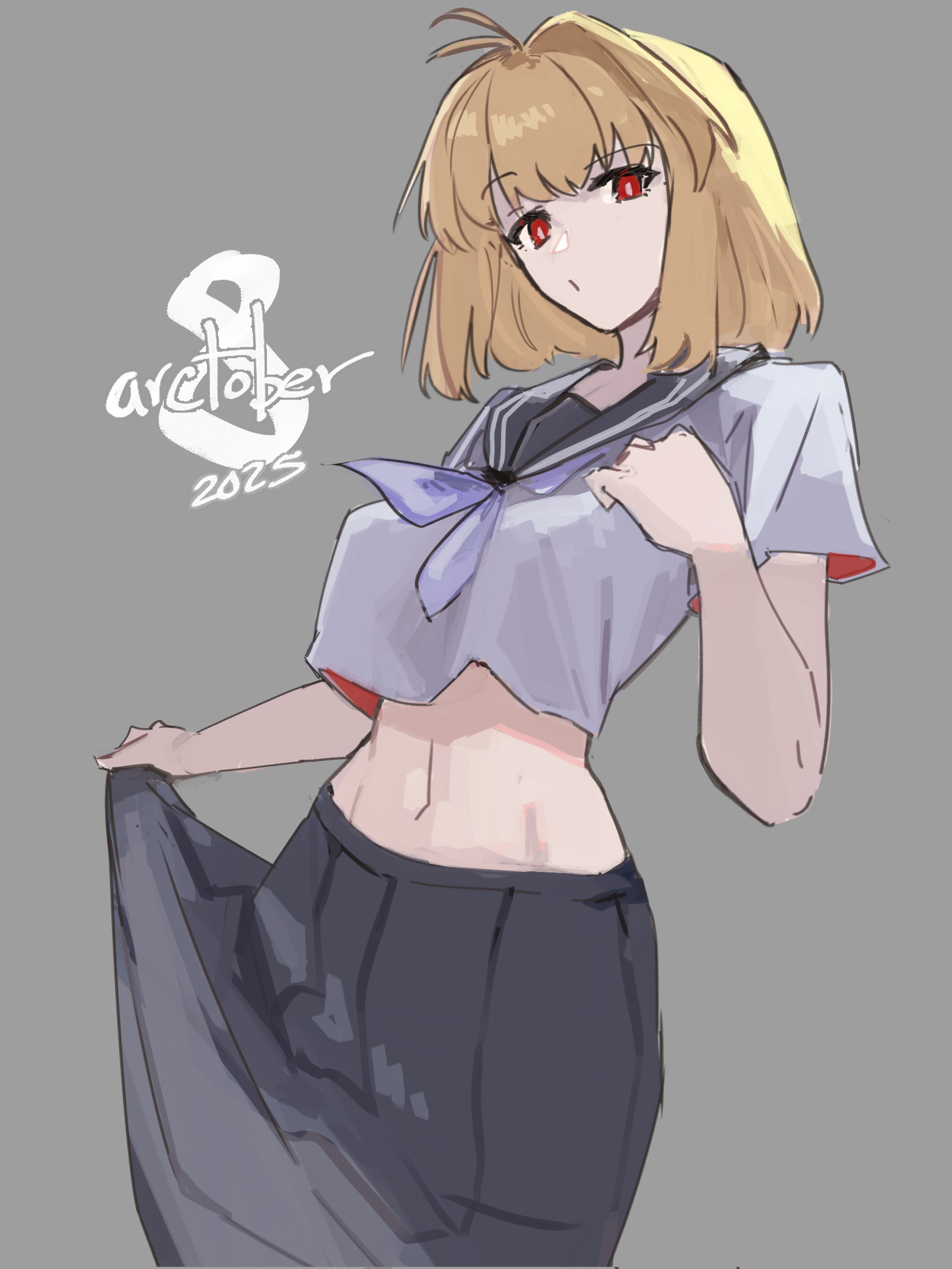 jonyeld, arcueid brunestud, tsukihime, absurdres, highres, 1girl, alternate costume, antenna hair, blonde hair, breasts, looking at viewer, midriff, neckerchief, red eyes, sailor collar, school uniform, serafuku, short hair, skirt, solo
