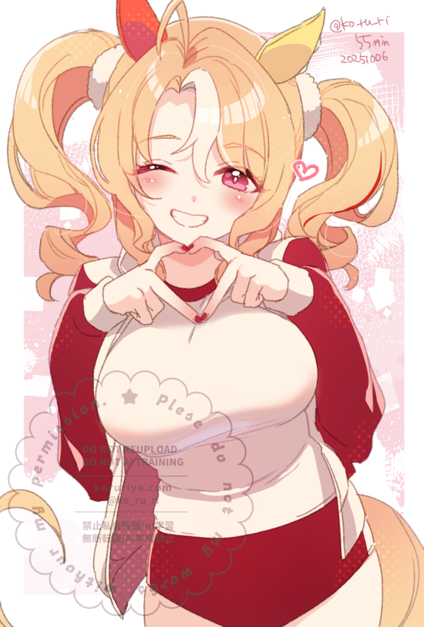 koruri, fusaichi pandora (umamusume), umamusume, 1girl, ahoge, animal ears, blonde hair, blush, breasts, buruma, ear covers, four-finger heart hands, grin, gym shirt, hair between eyes, hair ornament, heart, heart hands, horse ears, horse girl, horse tail, jacket, large breasts, long hair, looking at viewer, mismatched ear covers, multicolored hair, one eye closed, open clothes, open jacket, open mouth, red buruma, red eyes, red jacket, shirt, short twintails, smile, solo, tail, teeth, tracen training uniform, track jacket, twintails, white hair, white shirt