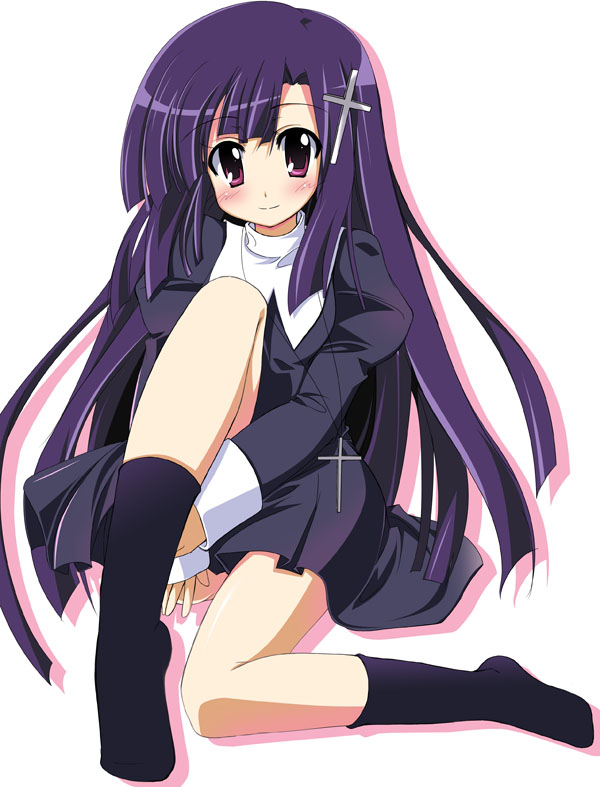 sen (astronomy), zange, kannagi, bad id, bad pixiv id, 00s, 1girl, cross, female focus, long hair, purple hair, socks, solo
