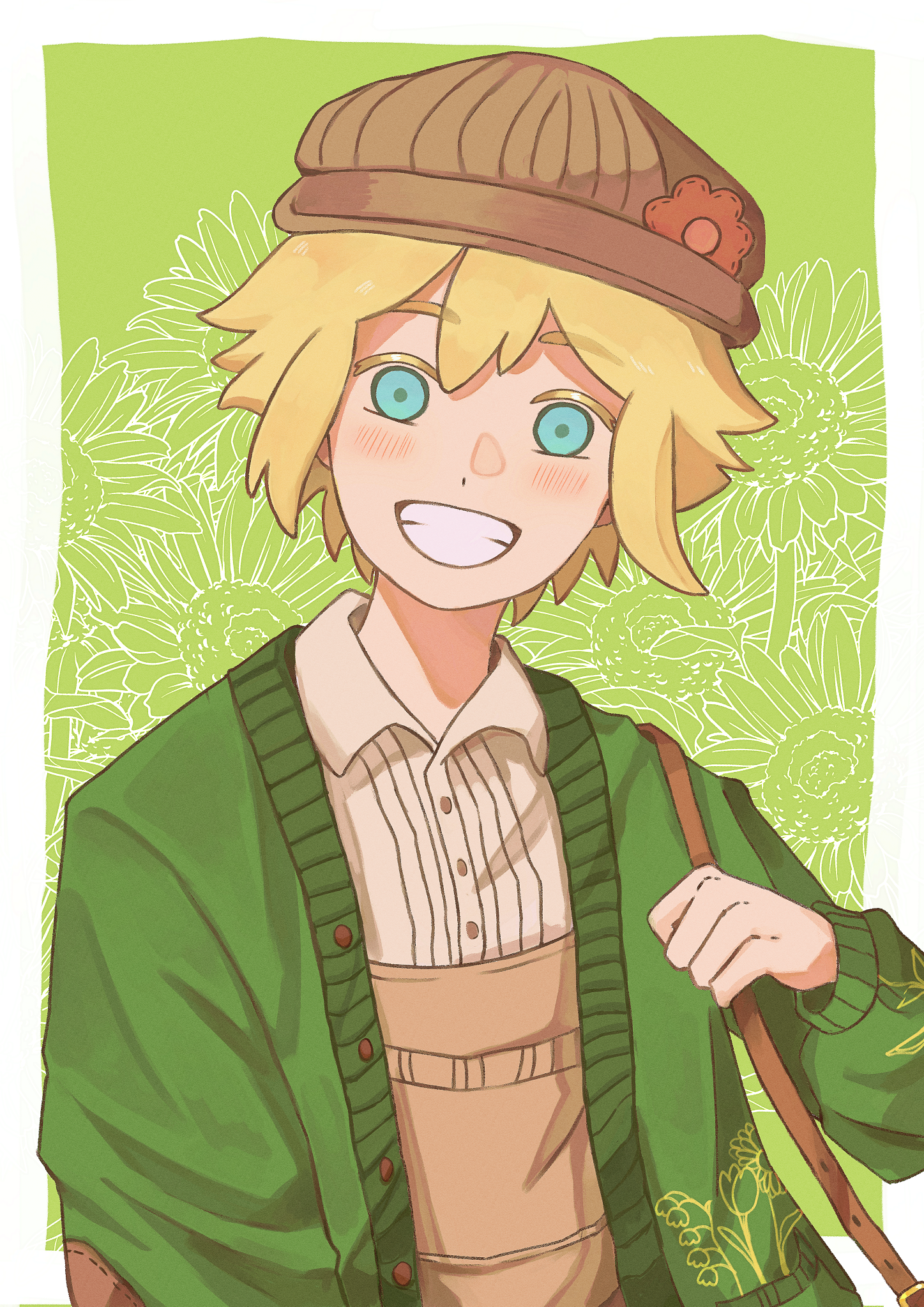 ota (otanaon), basil (birthday) (omori), basil (faraway) (omori), basil (omori), omori, highres, 1boy, blonde hair, blue eyes, blush, brown hat, brown overalls, collared shirt, double-parted bangs, grin, hat, long sleeves, looking at viewer, male focus, open mouth, overalls, shirt, short hair, smile, solo, teeth, upper body, white shirt
