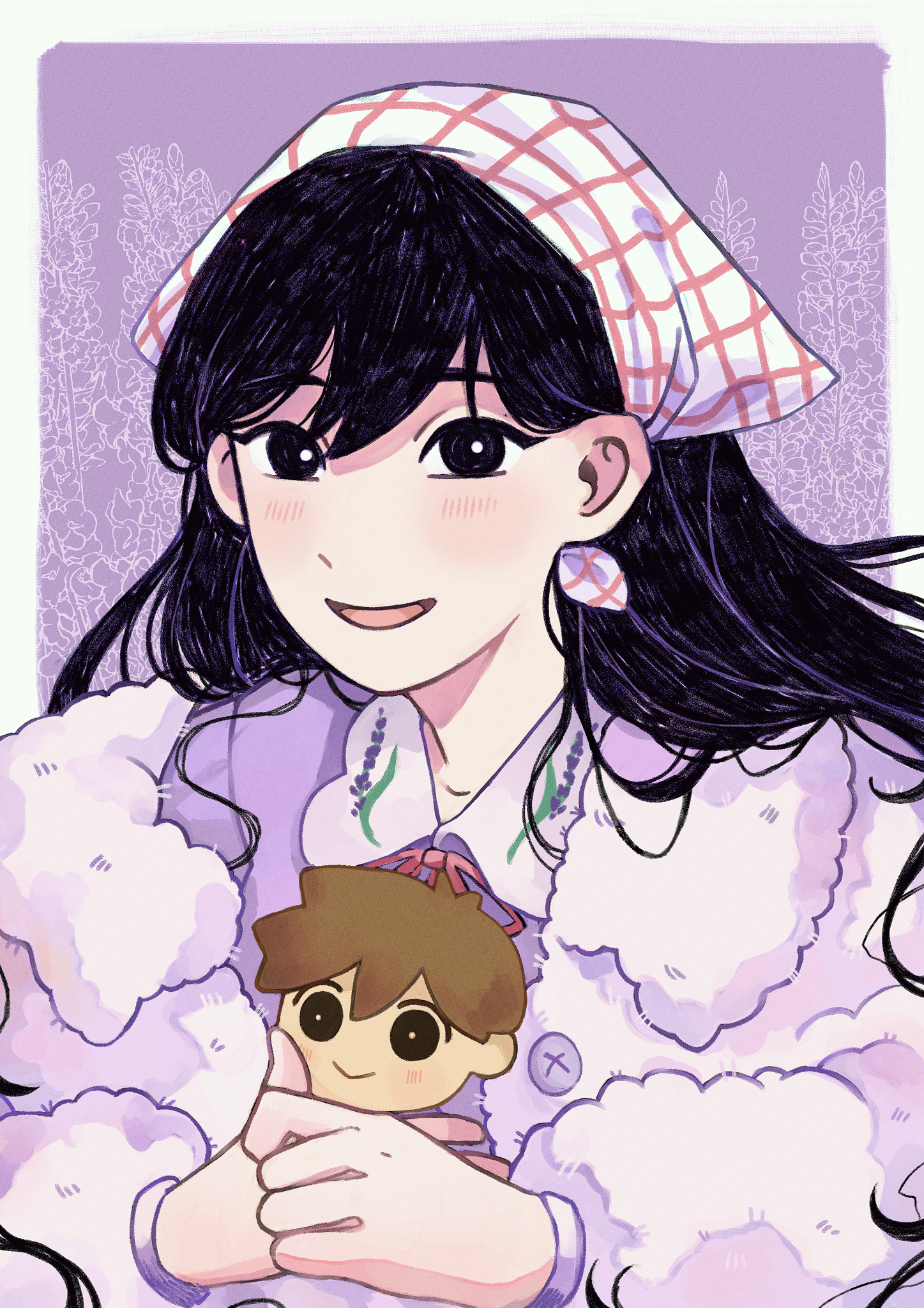 ota (otanaon), hero (faraway) (omori), hero (omori), mari (birthday) (omori), mari (faraway) (omori), mari (omori), omori, highres, 1girl, black eyes, black hair, blush, character doll, collared shirt, doll, headscarf, holding, holding stuffed toy, jacket, long hair, long sleeves, looking at viewer, open mouth, purple shirt, shirt, smile, solo, stuffed toy, upper body, white jacket