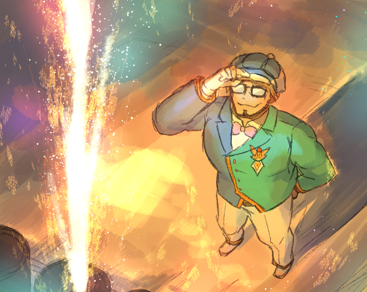 gucchiann, princess connect!, 1boy, adjusting clothes, adjusting headwear, arm behind back, arm up, black-framed eyewear, blue hat, blue jacket, bow, bowtie, closed mouth, collared shirt, fireworks, gino (princess connect!), glasses, gloves, green jacket, grey pants, hat, jacket, long sleeves, male focus, newsboy cap, opaque glasses, pants, pink bow, pink bowtie, shirt, shoes, smile, solo, white gloves, white shirt, white shoes