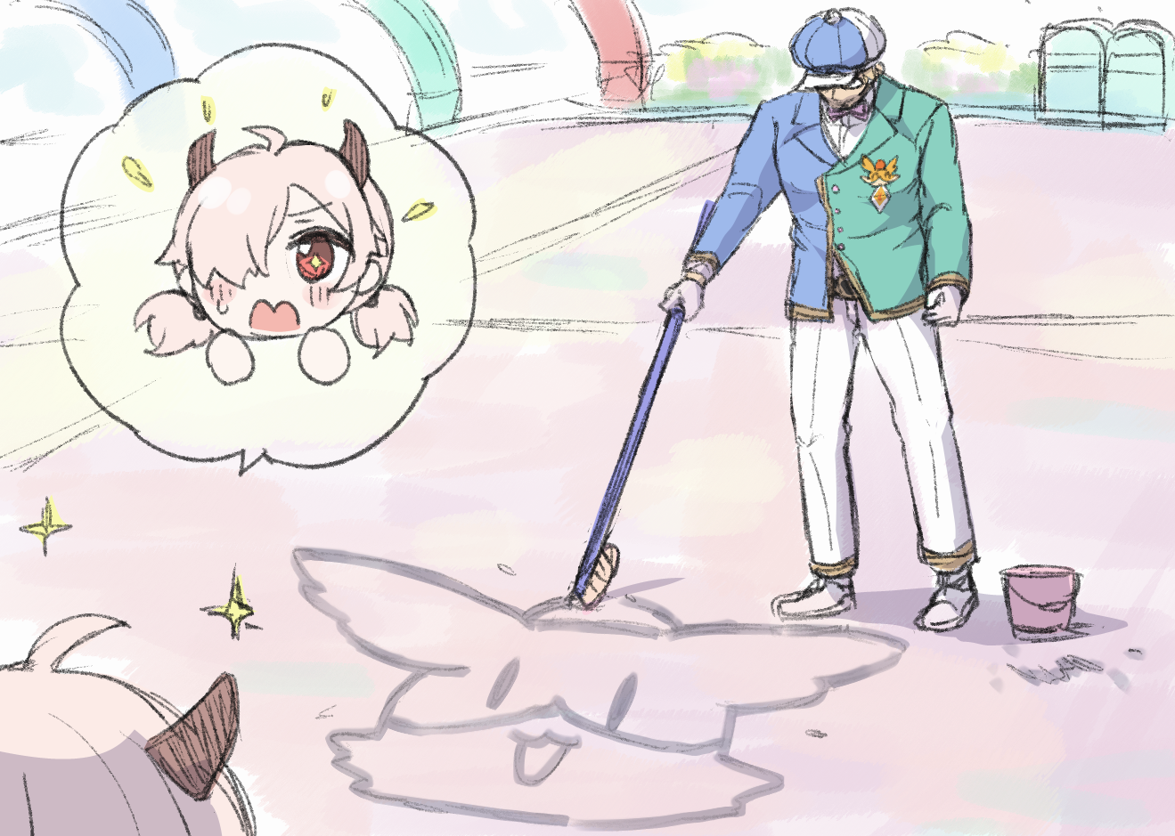 gucchiann, inori (princess connect!), princess connect!, 1boy, 1girl, ahoge, blue hat, blue jacket, blush stickers, bow, brown hair, bucket, chibi, collared shirt, dress shirt, gino (princess connect!), glasses, gloves, green jacket, hair over one eye, hat, holding, horns, jacket, low twintails, newsboy cap, opaque glasses, open mouth, pants, pink bow, shirt, shoes, small sweatdrop, sparkle, standing, sweat, twintails, wavy mouth, white gloves, white pants, white shirt, white shoes