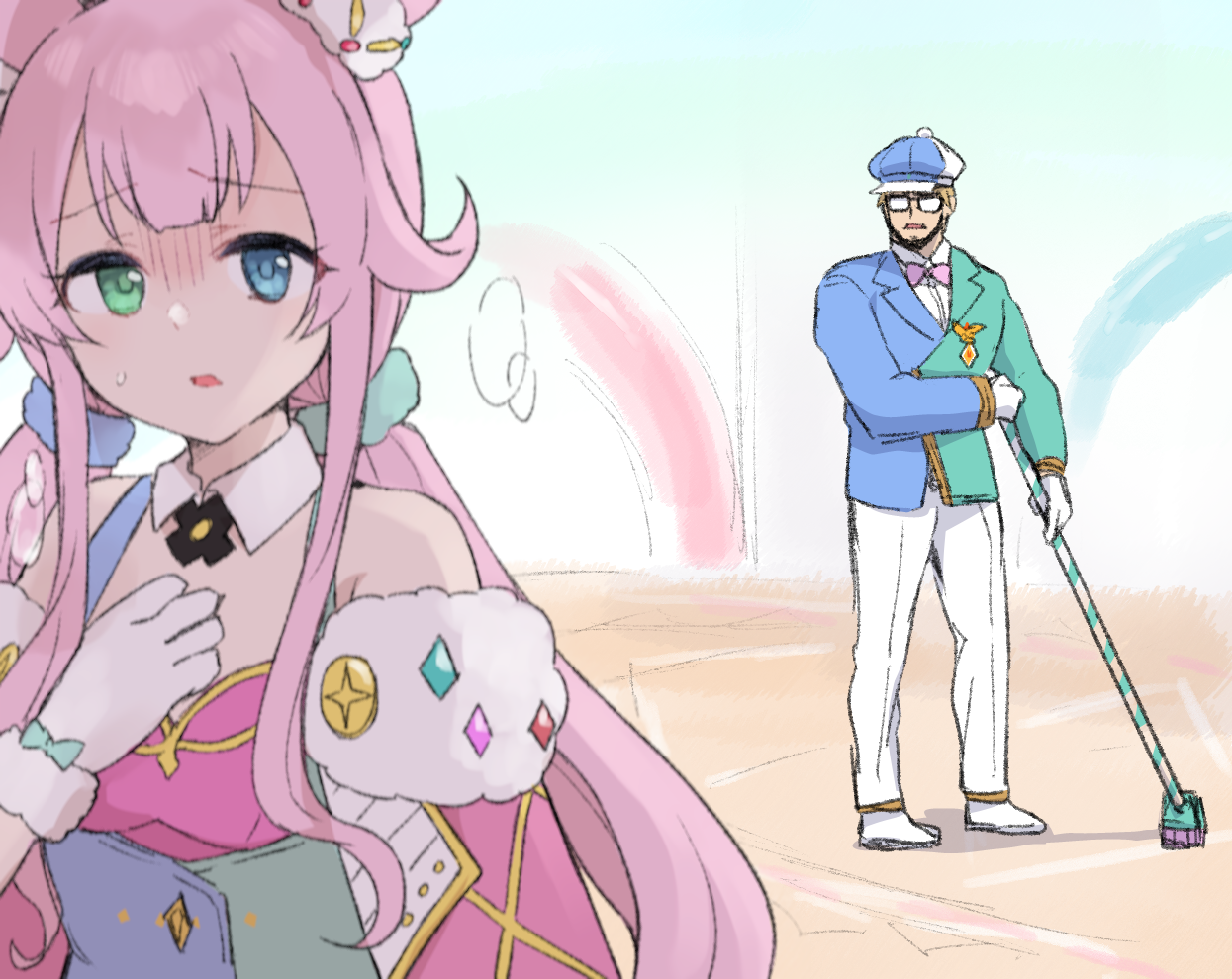 gucchiann, kururu (princess connect!), princess connect!, 1boy, 1girl, bare shoulders, black-framed eyewear, blue eyes, blue hat, blue jacket, bow, bowtie, breasts, cloak, collared shirt, dress, dress shirt, fur-trimmed gloves, fur trim, gino (princess connect!), glasses, gloves, green eyes, hand up, hat, heterochromia, holding, jacket, long hair, long sleeves, low twintails, medium breasts, newsboy cap, opaque glasses, pants, parted lips, pink bow, pink bowtie, pink cloak, pink dress, pink hair, shirt, shoes, small sweatdrop, sweat, twintails, very long hair, white gloves, white pants, white shirt, white shoes