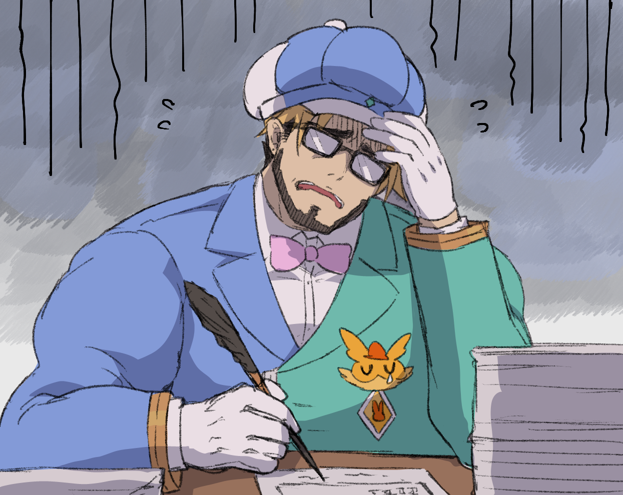 gucchiann, princess connect!, 1boy, blue hat, blue jacket, bow, bowtie, collared shirt, dress shirt, flying sweatdrops, gino (princess connect!), gloom (expression), gloves, hat, holding, jacket, long sleeves, male focus, newsboy cap, paper stack, pink bow, pink bowtie, quill, shirt, solo, upper body, white gloves, white shirt