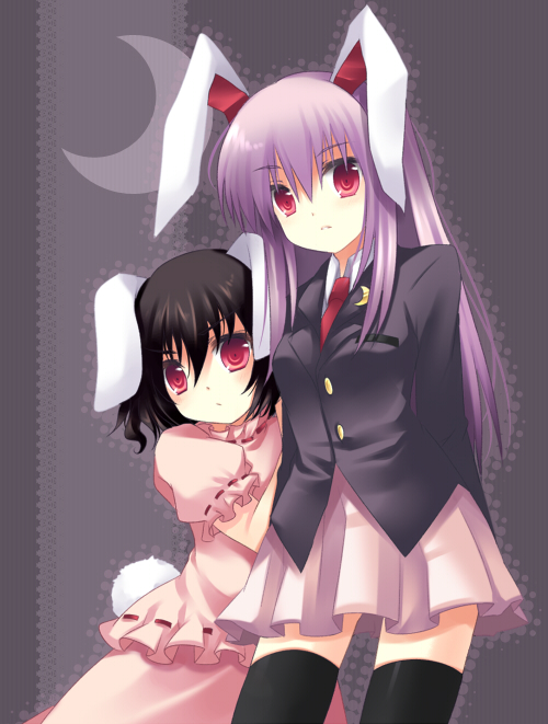 takase kanan, inaba tewi, reisen udongein inaba, touhou, 2girls, animal ears, female focus, grey background, multiple girls, rabbit ears, standing, thighhighs, zettai ryouiki