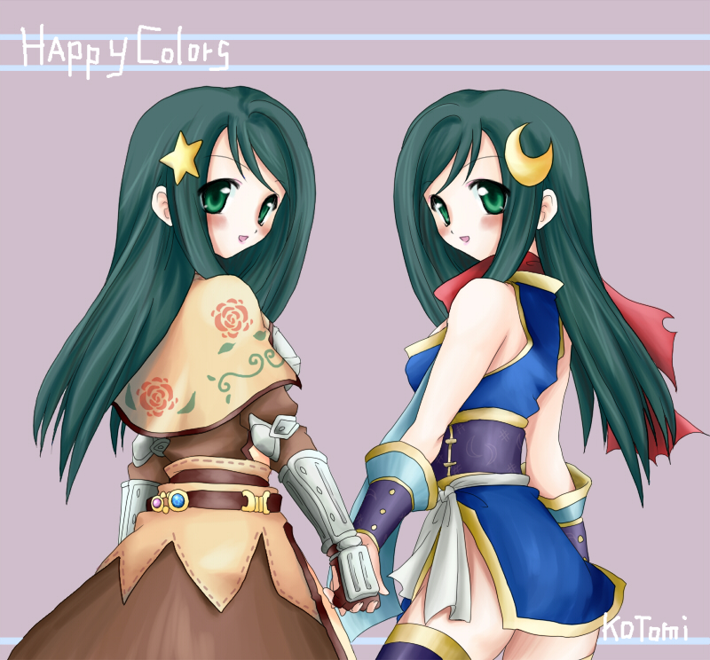 kotomi (happy colors), ninja (ragnarok online), swordsman (ragnarok online), ragnarok online, commentary request, 2000s (style), 2girls, blue dress, blush, brown capelet, brown dress, capelet, cowboy shot, crescent, crescent hair ornament, dress, floral print, gauntlets, green eyes, green hair, grey background, hair ornament, holding hands, long hair, looking at viewer, looking back, multiple girls, ninja, open mouth, red scarf, rose print, scarf, short dress, siblings, simple background, sisters, sleeveless, sleeveless dress, smile, star (symbol), star hair ornament, twins
