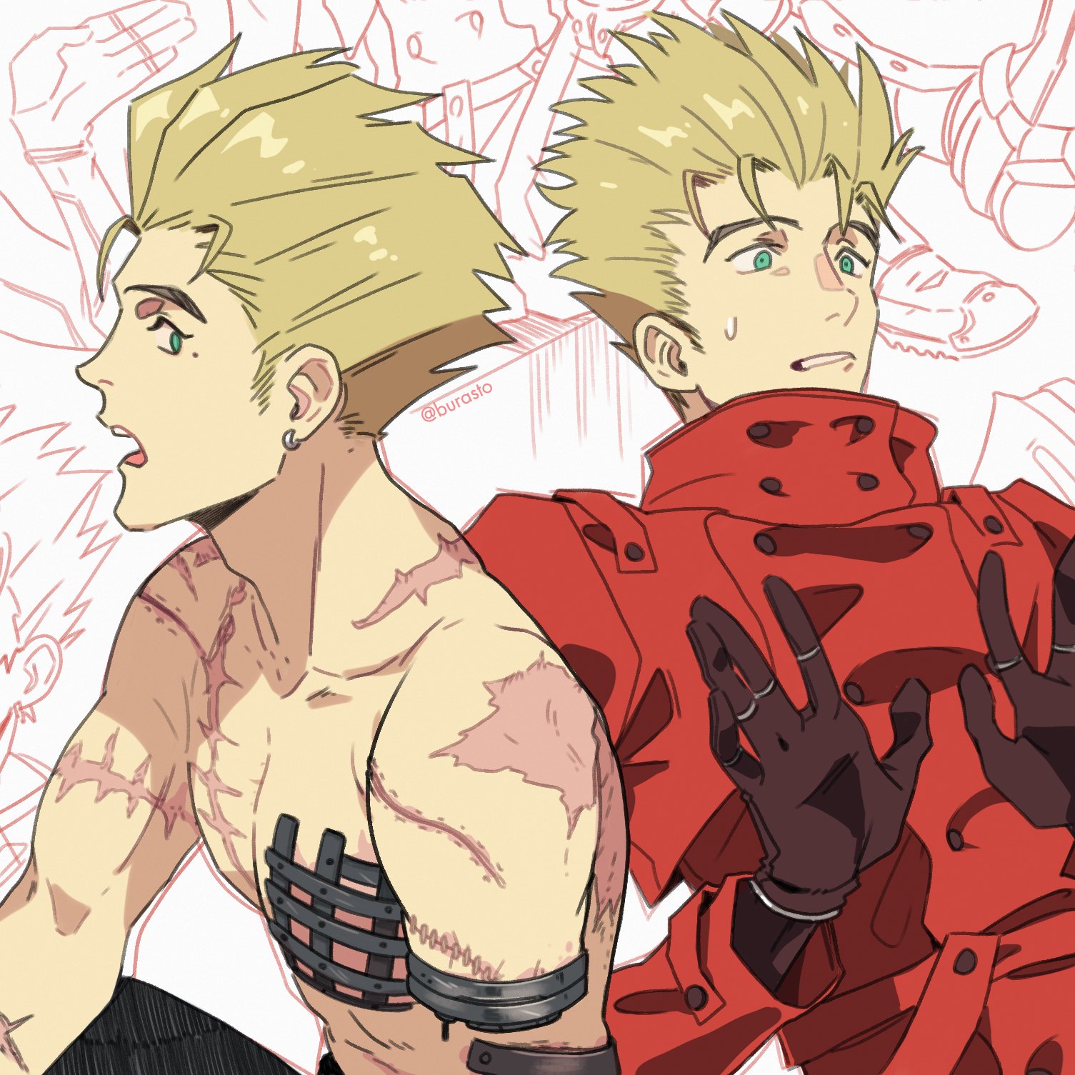 burasto, vash the stampede, trigun, commentary, english commentary, highres, 1boy, amputee, black gloves, black pants, blonde hair, coat, earrings, gloves, hands up, jewelry, male focus, medium sideburns, missing limb, mole, mole under eye, multiple scars, multiple views, nervous sweating, open mouth, pants, parted lips, piercing, red coat, scar, scars all over, single earring, sweat, teeth, too many, topless male, upper teeth only