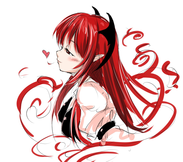 fechirin, koakuma, embodiment of scarlet devil, touhou, 1girl, bat wings, blush, female focus, head wings, heart, long hair, profile, red eyes, red hair, sketch, smoke, solo, upper body, white background, wings