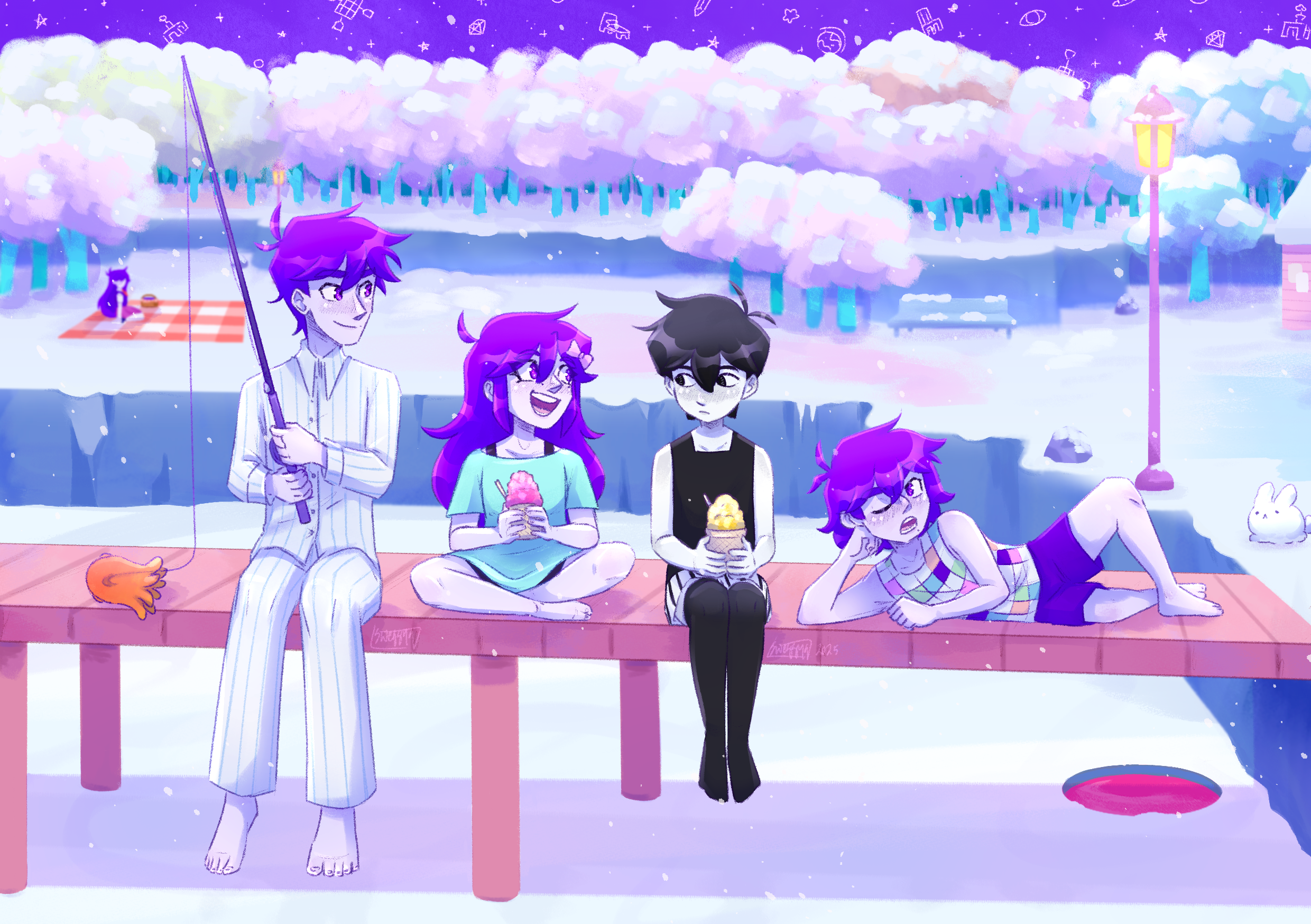 aubrey (headspace) (omori), aubrey (omori), hero (headspace) (omori), hero (omori), kel (headspace) (omori), kel (omori), mari (headspace) (omori), mari (omori), omori (omori), snow bunny (omori), omori, highres, 2girls, 3boys, antenna hair, barefoot, bench, black eyes, black hair, black tank top, black thighhighs, blue shirt, bow, brother and sister, brothers, checkered blanket, closed mouth, collarbone, colored skin, fishing rod, hair bow, holding, holding fishing rod, ice fishing, indian style, lamppost, long hair, long sleeves, looking at another, mole, mole under mouth, multiple boys, multiple girls, one eye closed, open mouth, outdoors, pajamas, pants, picnic basket, picnic blanket, pier, pink bow, purple eyes, purple hair, purple shorts, purple sky, shirt, short hair, short sleeves, shorts, siblings, sitting, sky, smile, striped clothes, striped pajamas, striped pants, striped shorts, sweggyq, tank top, teeth, thighhighs, tongue, tree, upper teeth only, vertical-striped clothes, vertical-striped pajamas, vertical-striped pants, vertical-striped shorts, white shorts, white skin