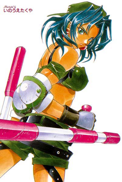 inoue takuya, tracy (toushinden), toushinden, 1girl, angry, armband, belt, blue hair, crop top, earrings, elbow pads, female focus, gloves, green eyes, hat, jewelry, looking back, midriff, police, police uniform, policewoman, serious, shorts, signature, solo, tonfa, weapon