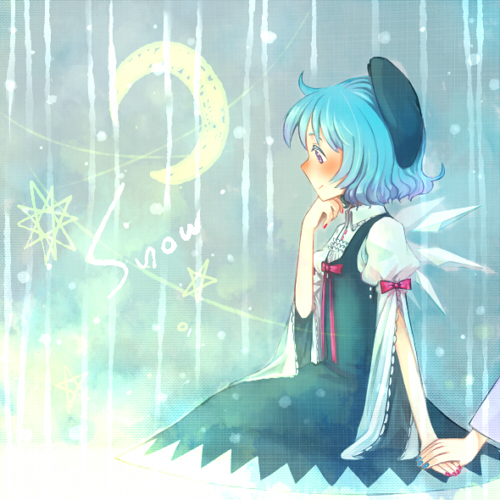 mame usagi, cirno, touhou, bad id, bad pixiv id, lowres, 1girl, blue nails, blush, female focus, holding hands, nail polish, pink nails, solo, solo focus