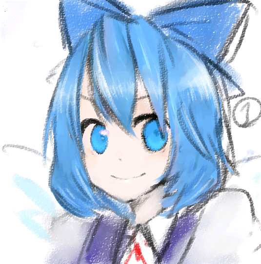 reino gun, cirno, touhou, bad id, bad pixiv id, 1girl, blue dress, blue eyes, blue hair, blush, bow, dress, female focus, hair bow, ice, ice wings, looking at viewer, matching hair/eyes, smile, solo, tareme, upper body, wings