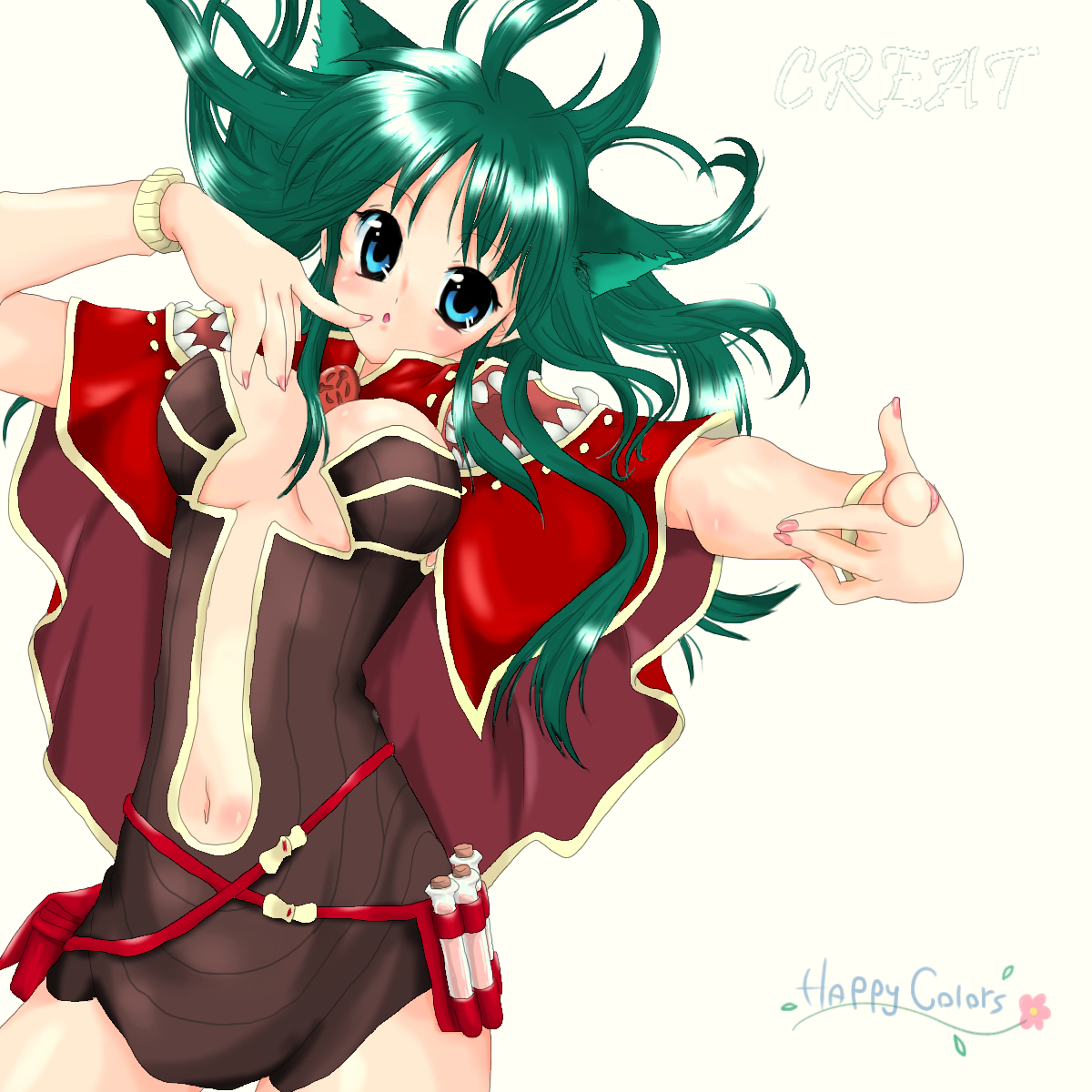 kotomi (happy colors), creator (ragnarok online), ragnarok online, commentary request, highres, 1girl, 2000s (style), belt, blue eyes, blush, breasts, brown dress, cape, cowboy shot, dress, fingernails, green hair, large breasts, long hair, looking at viewer, navel, open mouth, red belt, red cape, solo, strapless, strapless dress