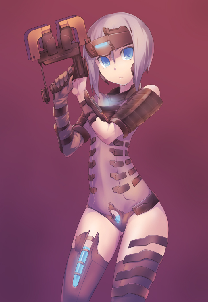 nanakusa, isaac clarke, dead space (series), dead space 1, gender request, 1girl, animification, armor, blue eyes, female focus, genderswap, gloves, glowing, gun, isaaco, purple hair, short hair, solo, thighhighs, weapon