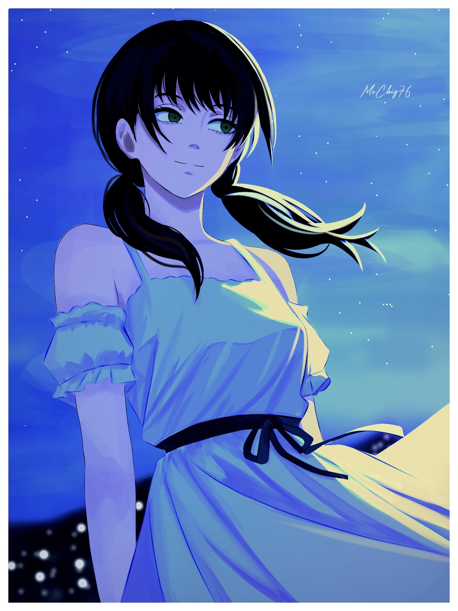 mccheese, mitaka asa, chainsaw man, highres, 1girl, artist name, black eyes, black hair, black ribbon, closed mouth, dress, light smile, low twintails, night, outdoors, ribbon, solo, twintails, white dress