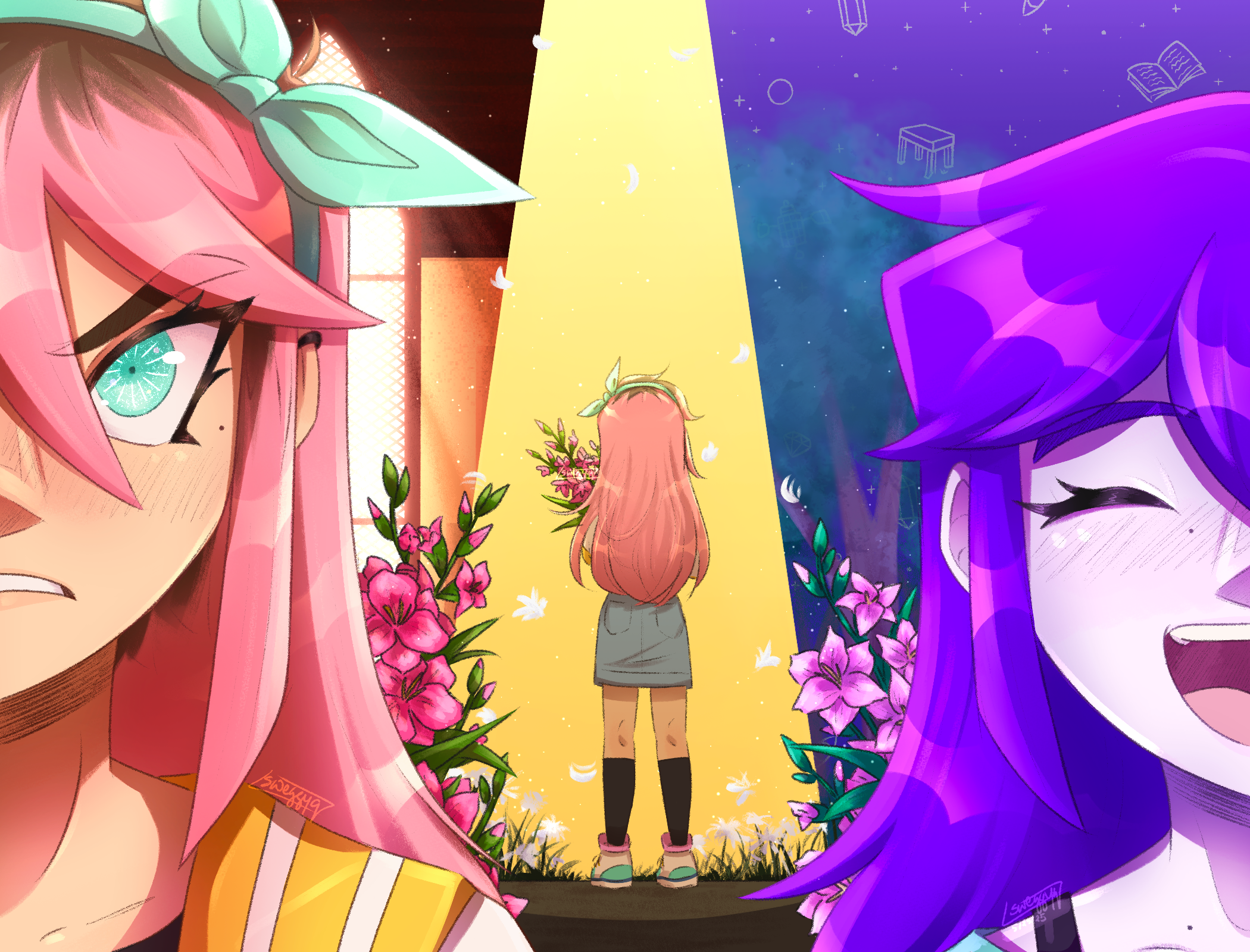 aubrey (faraway) (omori), aubrey (headspace) (omori), aubrey (omori), omori, highres, 2girls, black socks, blue eyes, blue hairband, blue skirt, blush, bouquet, bra strap, closed eyes, collarbone, colored skin, denim, denim skirt, double-parted bangs, dual persona, ear piercing, flower, gladiolus, hair between eyes, hairband, holding, holding bouquet, jacket, long hair, mole, mole on collarbone, mole under eye, multicolored hair, multiple girls, open mouth, parted lips, piercing, pink hair, purple sky, roots (hair), shoes, skirt, sky, smile, sneakers, socks, sweggyq, teeth, tongue, upper teeth only, white jacket, white skin