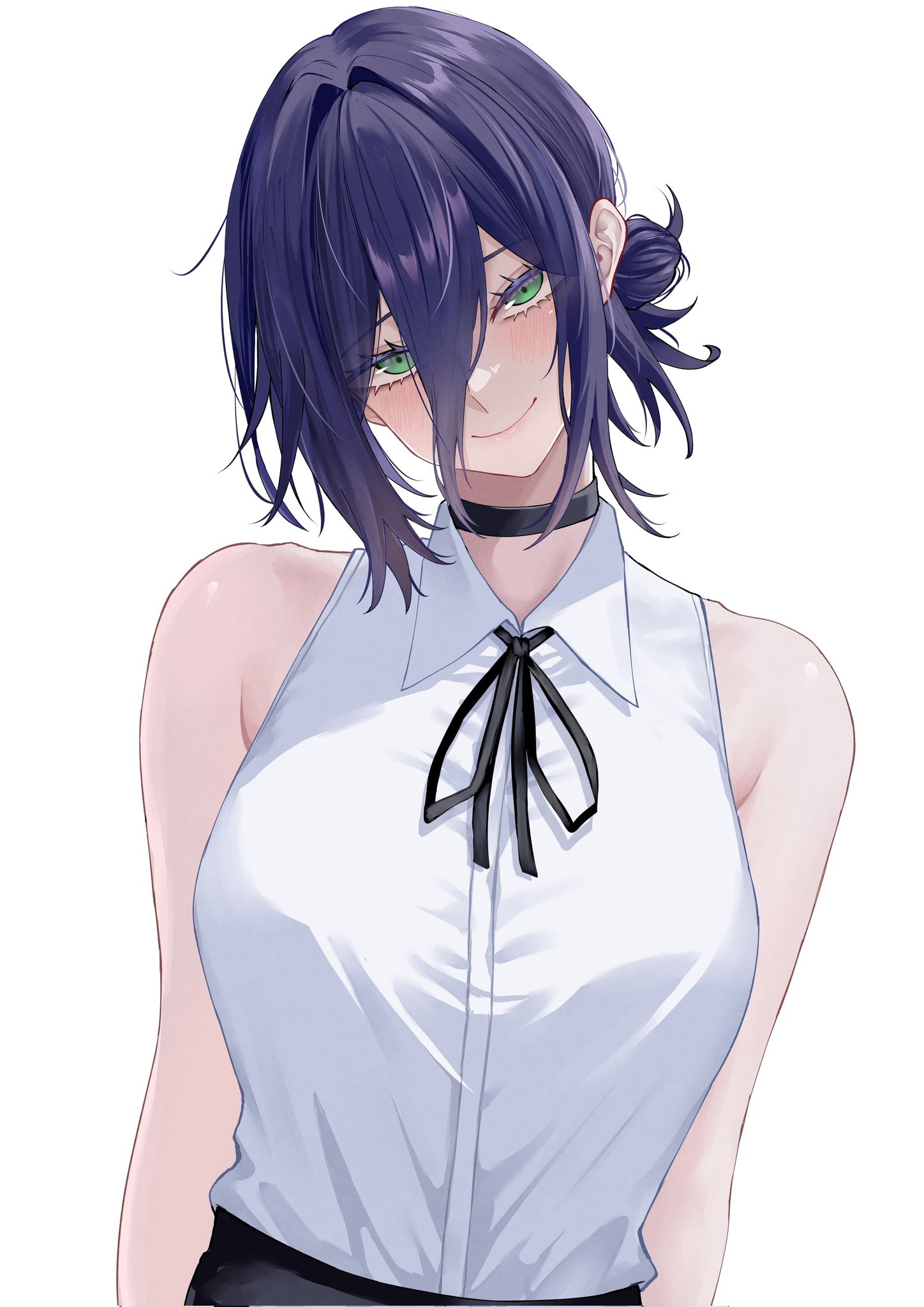 deroo, reze (chainsaw man), chainsaw man, highres, 1girl, black choker, black ribbon, breasts, choker, closed mouth, green eyes, hair between eyes, large breasts, looking at viewer, neck ribbon, purple hair, ribbon, shirt, simple background, sleeveless, sleeveless shirt, smile, solo, white background, white shirt