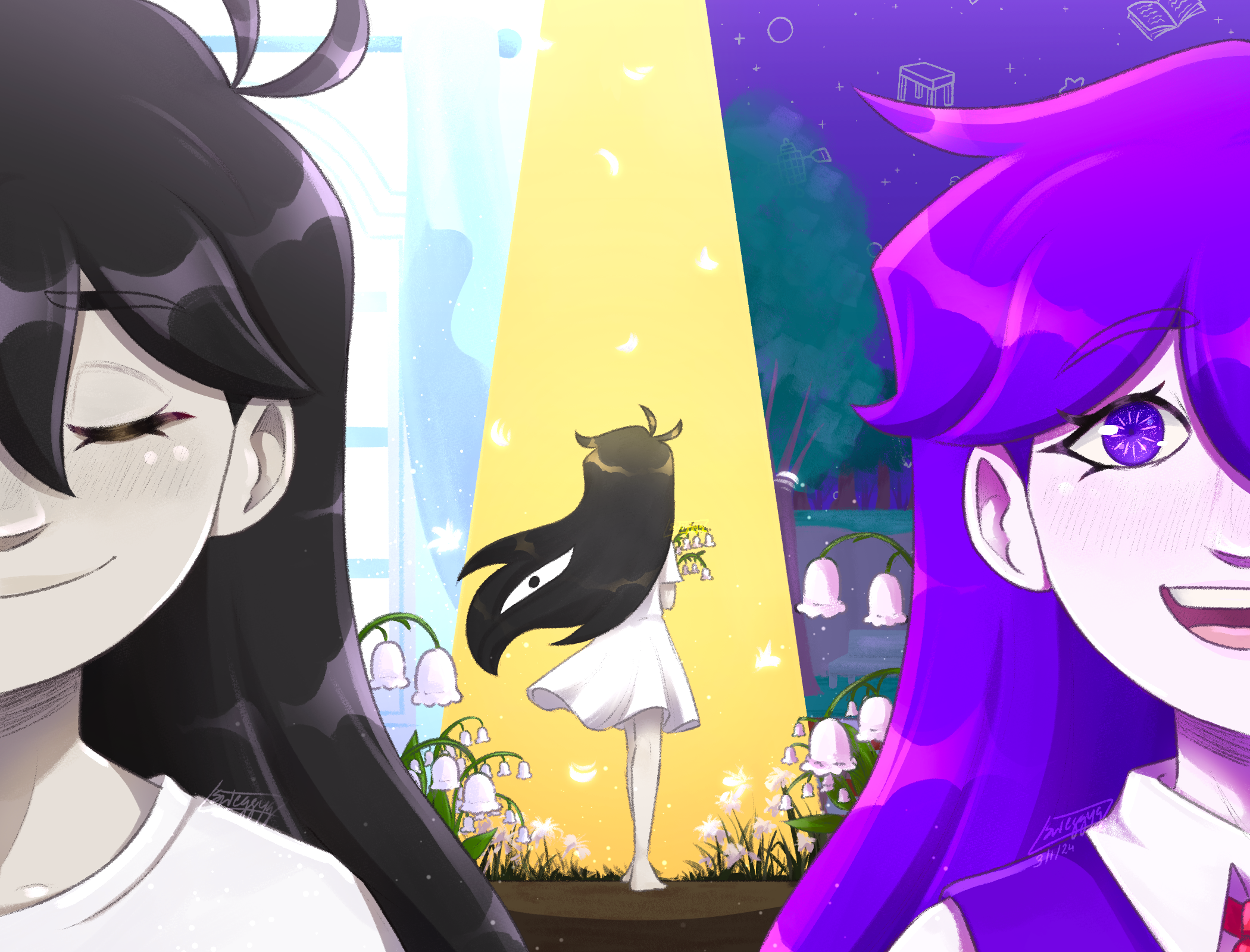 mari (headspace) (omori), mari (omori), mari (spirit) (omori), something (omori), omori, highres, spoilers, 2girls, antenna hair, barefoot, black hair, blush, closed eyes, closed mouth, collared shirt, double-parted bangs, dress, dual persona, flower, holding, holding flower, lily of the valley, multiple girls, open mouth, outdoors, purple eyes, purple hair, purple sky, purple sweater vest, shirt, short sleeves, sky, smile, sweater vest, sweggyq, teeth, tongue, upper teeth only, white dress, white shirt