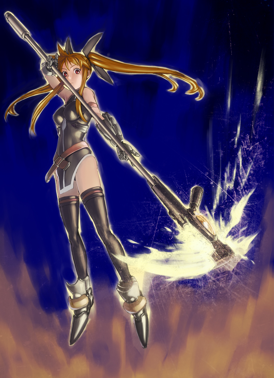 bardiche (haken form) (nanoha), bardiche (nanoha), fate testarossa, fate testarossa (true sonic form), lyrical nanoha, mahou shoujo lyrical nanoha, mahou shoujo lyrical nanoha a's, bad id, bad pixiv id, highres, 00s, energy blade, scythe, solo, thighhighs