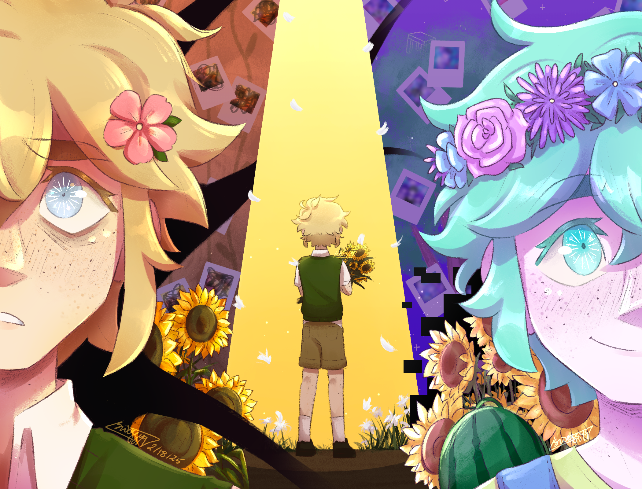basil (faraway) (omori), basil (headspace) (omori), basil (omori), omori, highres, 2boys, antenna hair, black shoes, blonde hair, blue eyes, blue overalls, bouquet, brown shorts, closed mouth, collared shirt, colored skin, double-parted bangs, dual persona, egret orchid, flower, food, freckles, fruit, green eyes, green hair, green shirt, green sweater vest, hair between eyes, hair flower, hair ornament, head wreath, holding, holding bouquet, male focus, multiple boys, overalls, parted lips, photo (object), shirt, shoes, short hair, shorts, sidelocks, smile, socks, sunflower, sweater vest, sweggyq, t-shirt, watermelon, white shirt, white skin, white socks