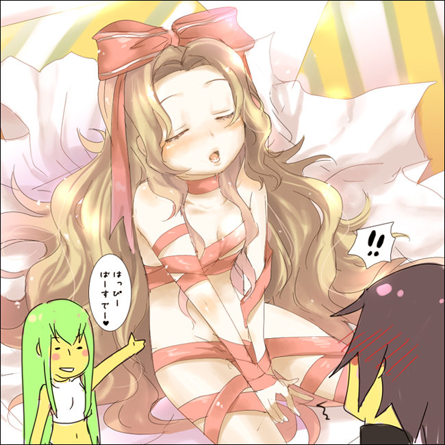 kl (dgzonbi), c.c., lelouch vi britannia, nunnally vi britannia, code geass, translated, !, 00s, 1boy, 2girls, bdsm, blind, blush, bondage, bound, brother and sister, brown hair, gift, hair ribbon, incest, long hair, multiple girls, naked ribbon, nude, open mouth, paper, ribbon, ribbon bondage, siblings