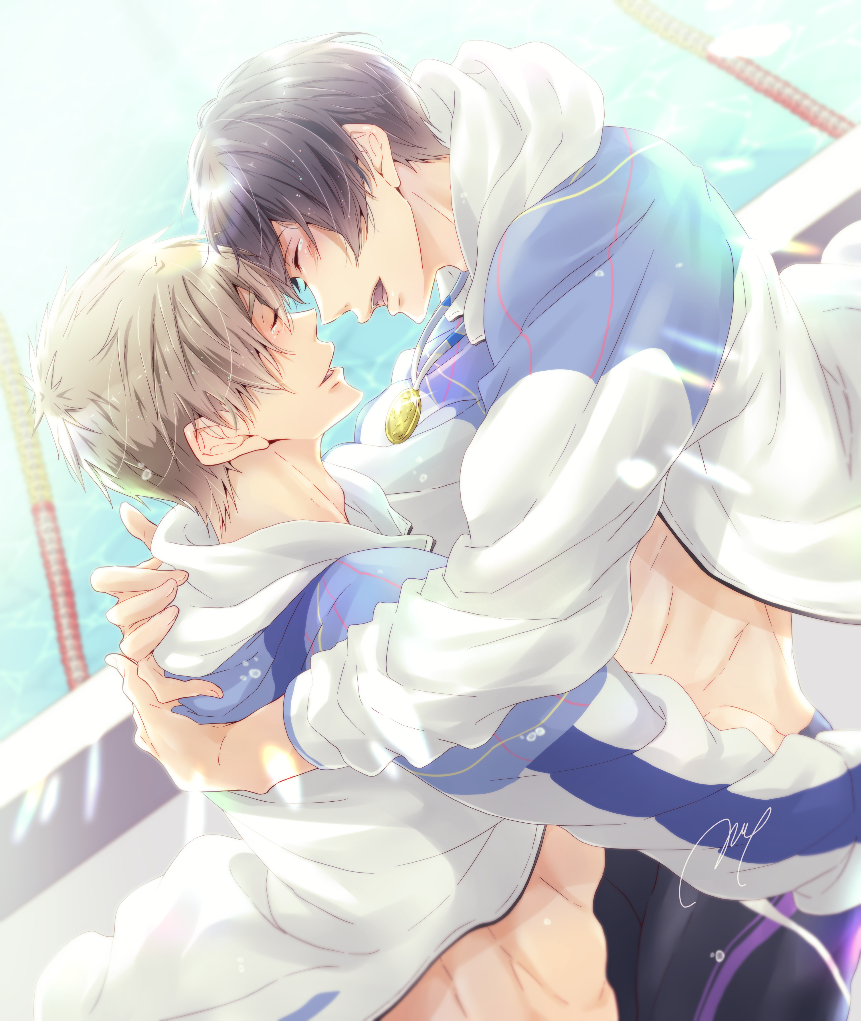 tsuiri siroiro, nanase haruka (free!), tachibana makoto, free!, absurdres, commentary request, highres, 2boys, black hair, black male swimwear, brown hair, closed eyes, fingernails, hair behind ear, hood, hood down, hooded jacket, hug, jacket, light particles, long sleeves, male focus, male swimwear, medal, multicolored jacket, multiple boys, parted bangs, pool, profile, tears, toned, toned male, two-tone jacket, yaoi