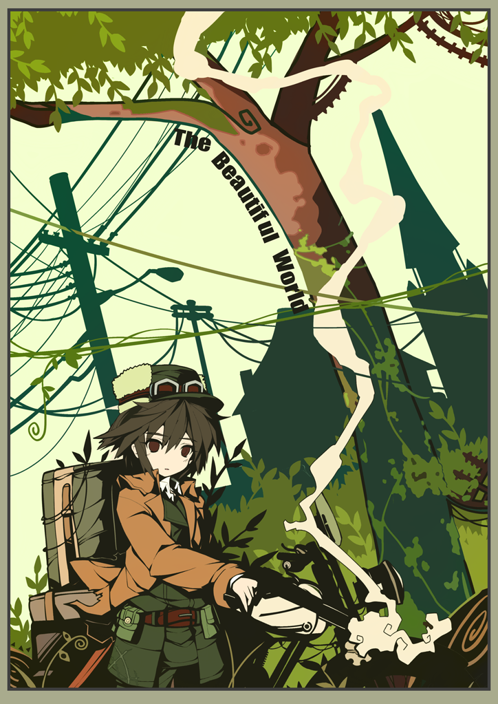 ideolo, hermes (kino no tabi), kino (kino no tabi), kino no tabi, vehicle, 00s, 1girl, androgynous, backpack, bag, belt, black hair, coat, female focus, flat color, fur hat, goggles, gun, handgun, hat, house, motor vehicle, motorcycle, pouch, power lines, randoseru, reverse trap, short hair, smoke, solo, tree, utility pole, weapon
