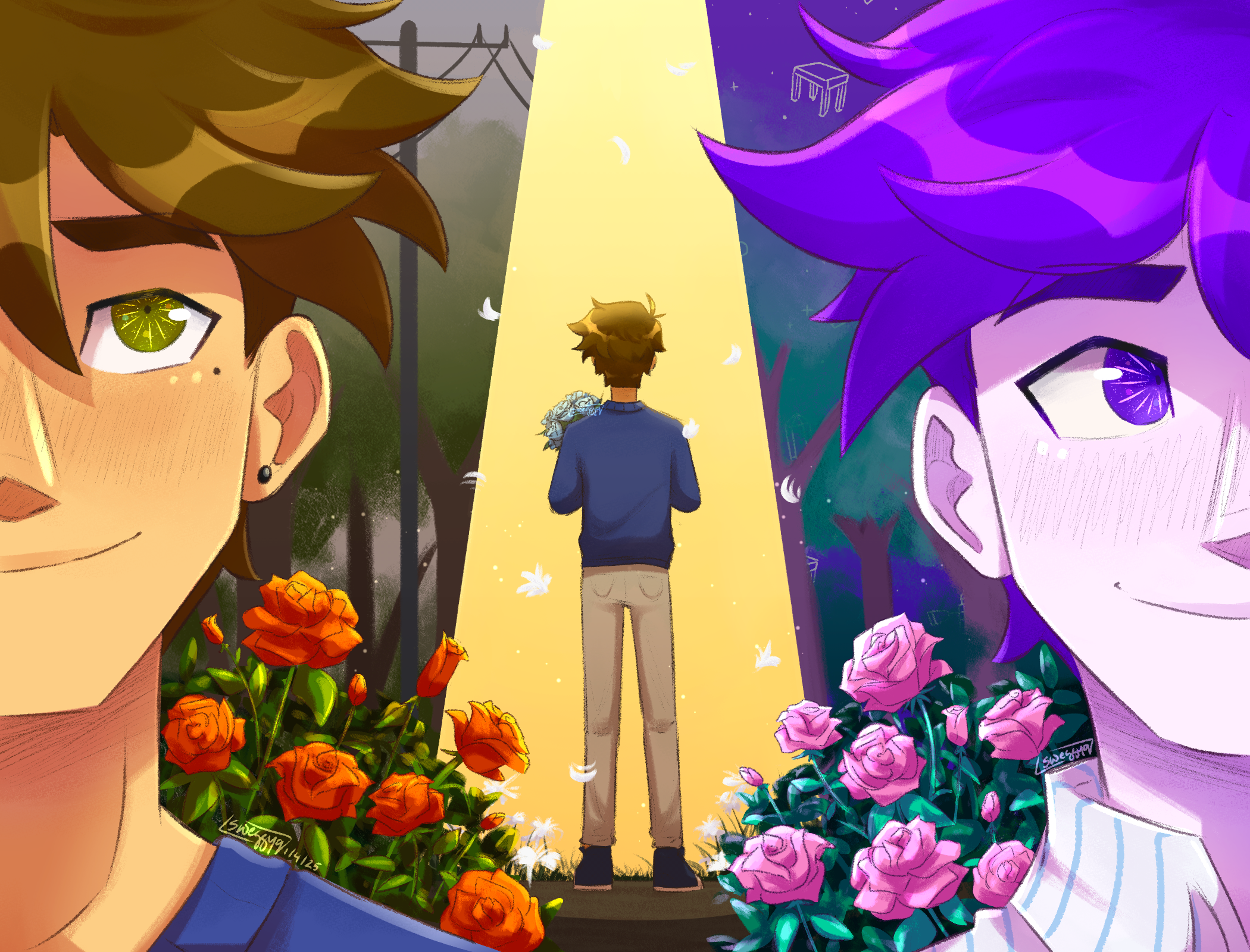 hero (faraway) (omori), hero (headspace) (omori), hero (omori), omori, highres, 2boys, alternate eye color, blue sweater, blush, bouquet, brown eyes, brown hair, closed mouth, dark-skinned male, dark skin, double-parted bangs, dual persona, ear piercing, flower, hair between eyes, holding, holding bouquet, long sleeves, male focus, multiple boys, pajamas, piercing, power lines, purple sky, red flower, red rose, rose, short hair, sky, smile, striped clothes, striped pajamas, sweater, sweggyq, tree, vertical-striped clothes, vertical-striped pajamas