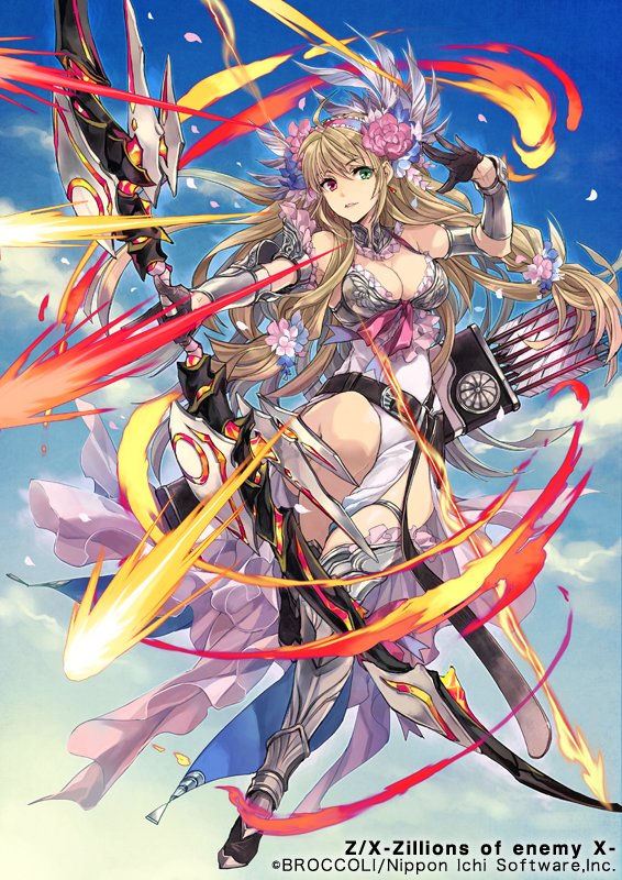 hagiya kaoru, gandiva (z/x), z/x, official art, 1girl, armored boots, arrow (projectile), bare shoulders, black gloves, blonde hair, blue sky, boots, bow (weapon), breasts, cleavage, cloud, cloudy sky, copyright notice, dress, fire, flower, gloves, green eyes, hair flower, hair ornament, heterochromia, holding, holding bow (weapon), holding weapon, long hair, low-tied long hair, red eyes, sky, solo, weapon, white dress