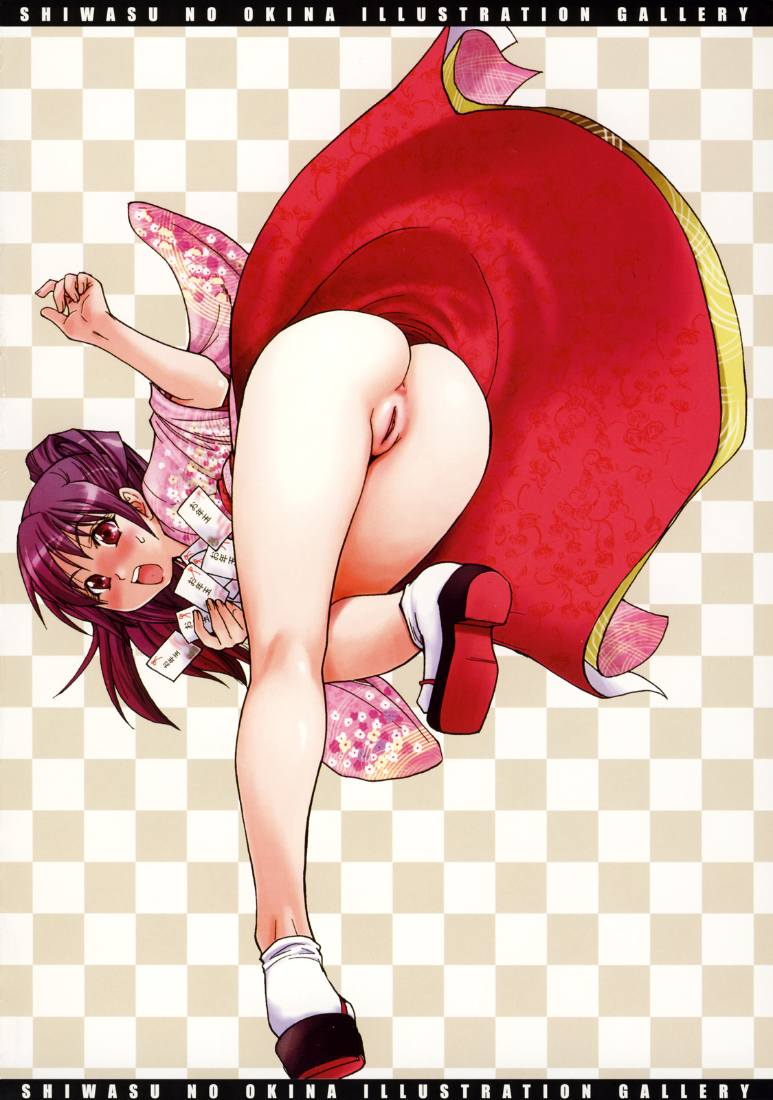 shiwasu no okina, highres, 1girl, anus, ass, bent over, blush, female focus, japanese clothes, kimono, kneepits, long hair, purple hair, pussy, red eyes, solo, tabi, uncensored