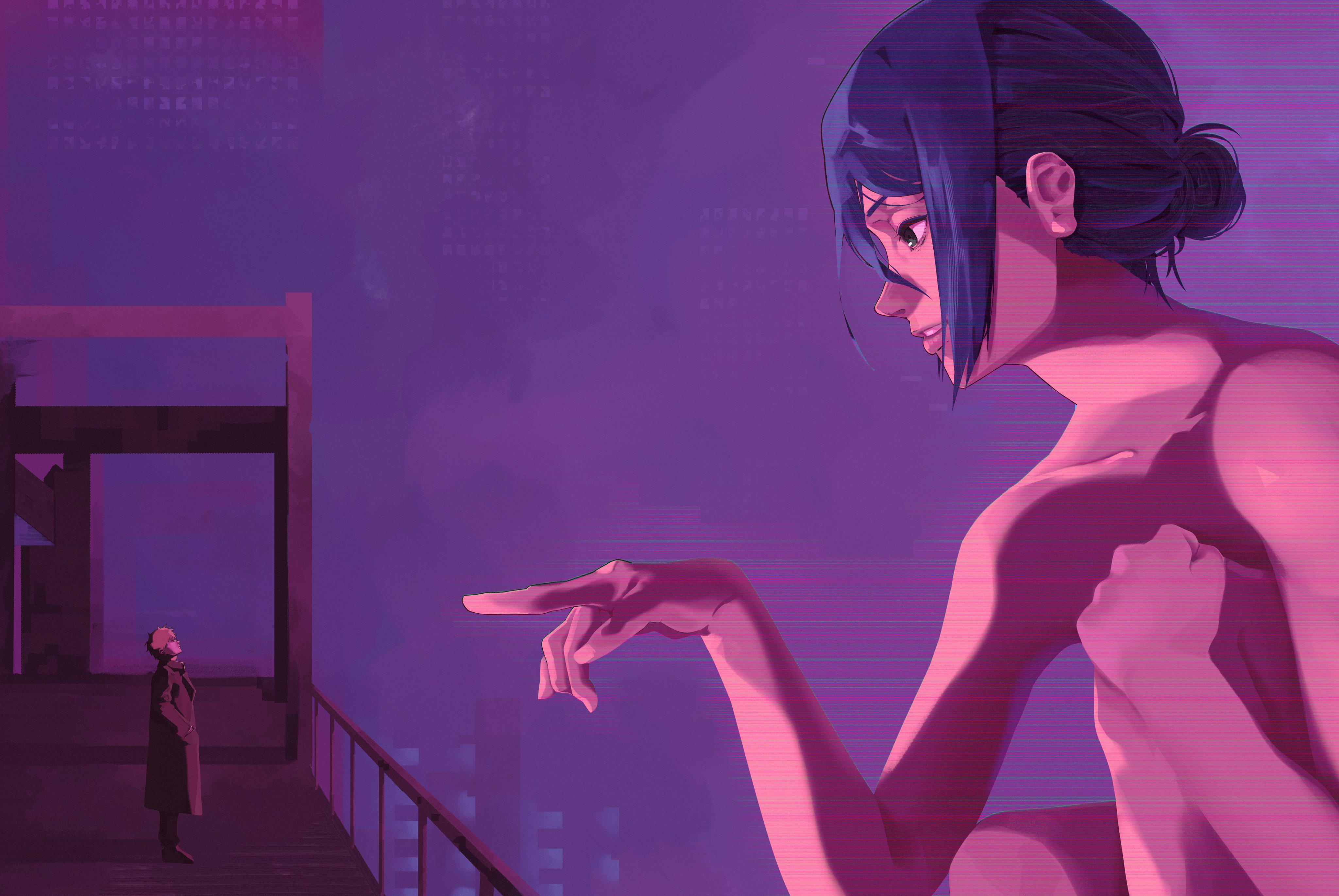 dakaeya, denji (chainsaw man), reze (chainsaw man), blade runner (series), blade runner 2049, chainsaw man, absurdres, commentary, english commentary, highres, 1boy, 1girl, black coat, blue hair, coat, giant, giantess, hair bun, hologram, meme, neon palette, night, outdoors, pointing, pointing at another, railing, scene reference, you look lonely (meme)