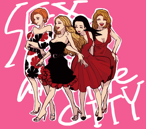 sex and the city, commentary request, 4girls, bare shoulders, belt, black dress, black hair, blonde hair, breasts, carrie bradshaw, charlotte york, cleavage, closed eyes, dress, full body, hands on own hips, happy, high heels, jewelry, laughing, long hair, miranda hobbes, multiple girls, nanairoberry, necklace, orange hair, pink background, red dress, samantha jones, short hair, simple background, strapless, strapless dress