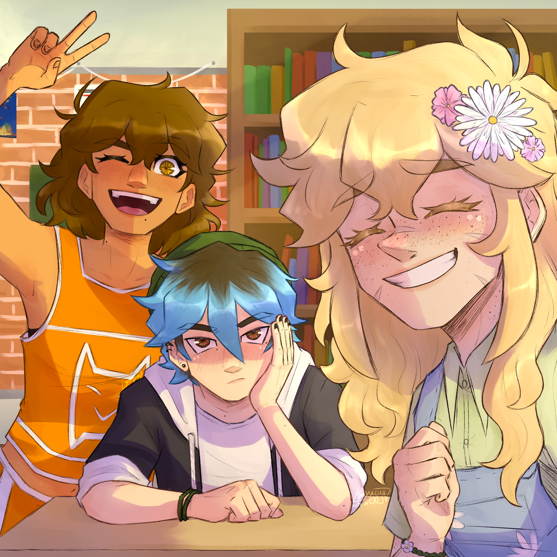 aubrey (faraway) (omori), aubrey (omori), basil (faraway) (omori), basil (omori), kel (faraway) (omori), kel (omori), omori, highres, 1boy, 2girls, alternate eye color, antenna hair, arm up, black jacket, black nails, blonde hair, blue hair, blue overalls, blush, book, bookshelf, bracelet, brown eyes, brown hair, closed mouth, collarbone, collared shirt, dark-skinned female, dark skin, double-parted bangs, ear piercing, facial scar, flower, flower bracelet, freckles, genderswap, genderswap (ftm), genderswap (mtf), green shirt, grin, hair between eyes, hair flower, hair ornament, hood, hooded jacket, indoors, jacket, jewelry, long hair, looking at viewer, mole, mole under mouth, multicolored hair, multiple girls, one eye closed, open mouth, overalls, piercing, roots (hair), scar, scar on cheek, scar on face, shirt, short hair, short sleeves, smile, sweggyq, teeth, upper teeth only, v