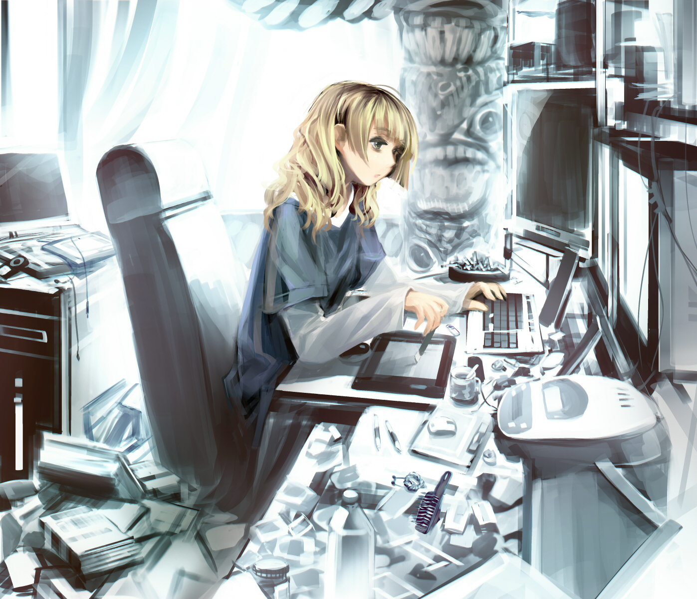 ein (artist), ein (long cake), original, highres, 1girl, bags under eyes, blonde hair, bottle, cigarette, computer, computer keyboard, digital media player, drawing tablet, female focus, headphones, keyboard, long hair, messy room, rice cooker, sitting, solo, totem