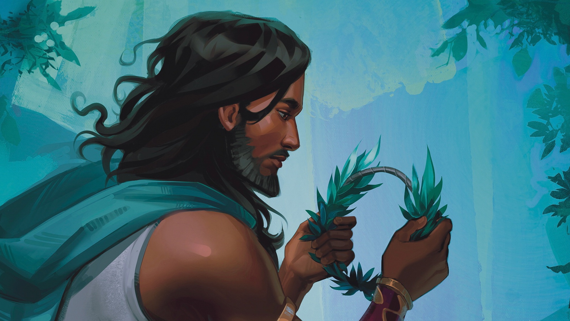 green446004, patroclus (hades), hades (series), hades 1, commentary, english commentary, highres, 1boy, armlet, arms up, bare shoulders, beard, black hair, brown eyes, dark-skinned male, dark skin, facial hair, fingernails, holding, jewelry, laurel crown, leaf, male focus, medium hair, plant, profile, scarf, solo