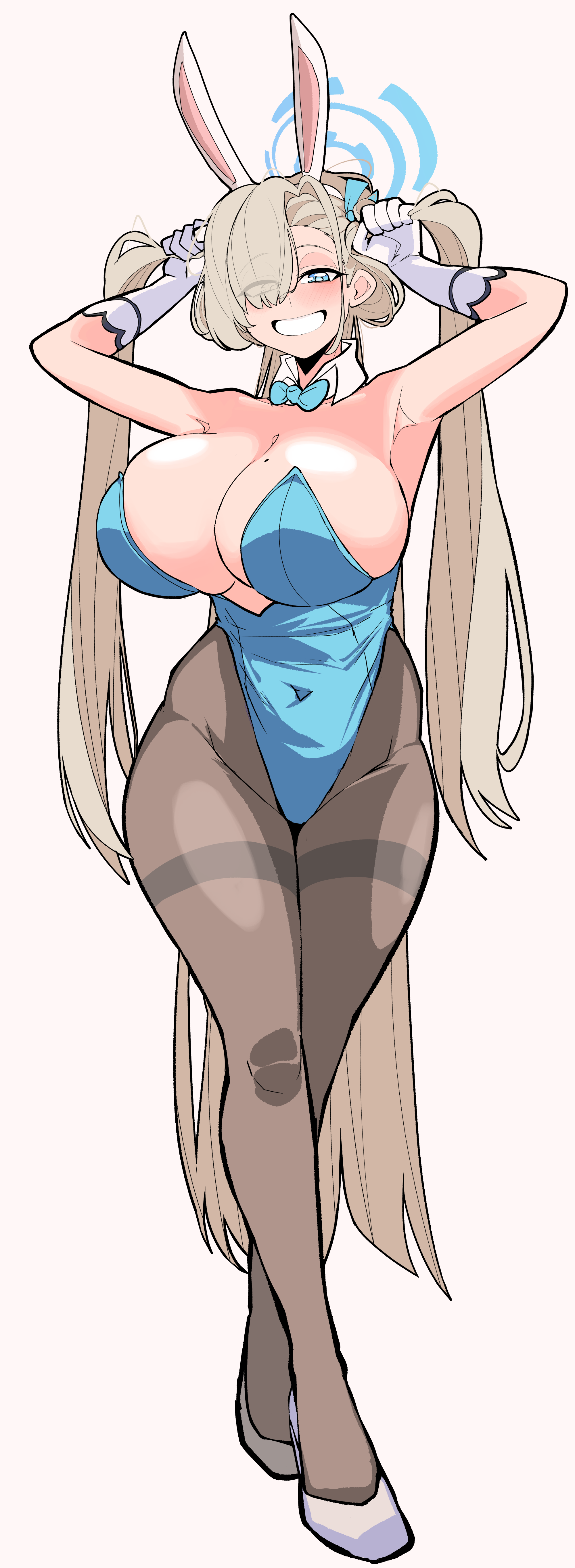 two handy, asuna (blue archive), asuna (bunny) (blue archive), blue archive, absurdres, commentary, english commentary, highres, revision, 1girl, adjusting hair, alternate hairstyle, animal ear hairband, animal ears, armpits, arms up, bare shoulders, blonde hair, blue bow, blue bowtie, blue eyes, blue halo, blue leotard, blush, bow, bowtie, breasts, cleavage, covered groin, covered navel, detached collar, fake animal ears, full body, gloves, grabbing own hair, grin, hair over one eye, hairband, halo, highleg, highleg leotard, holding, holding own hair, huge breasts, leotard, long hair, looking at viewer, mole, mole on breast, official alternate costume, pantyhose, playboy bunny, rabbit ear hairband, rabbit ears, shoes, sideboob, smile, solo, strapless, strapless leotard, thighband pantyhose, twintails, very long hair, white background, white gloves, white hairband, white shoes
