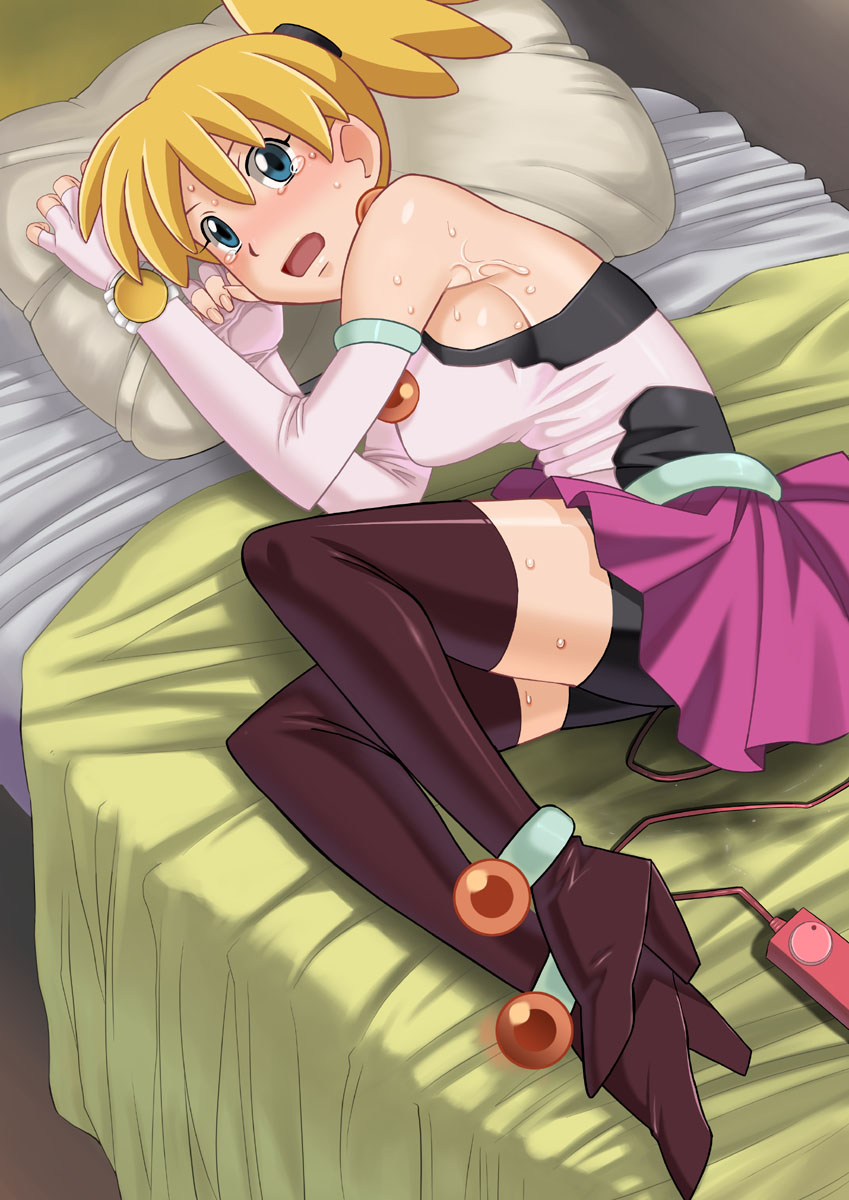 4st injection, corona (spider riders), spider riders, highres, 00s, 1girl, :o, anklet, armpits, bare shoulders, bed, bike shorts, blonde hair, blue eyes, blush, boots, bracelet, breasts, clenched hands, clothed masturbation, dutch angle, elbow gloves, embarrassed, female focus, female masturbation, fetal position, fingerless gloves, from above, gem, gloves, hair between eyes, halterneck, high heels, indoors, jewelry, large breasts, looking back, lying, masturbation, miniskirt, on side, open mouth, perky breasts, pillow, pleated skirt, ponytail, pussy juice stain, scrunchie, sex toy, shiny clothes, shorts, shorts under skirt, sideboob, skirt, solo, surprised, sweat, tears, thigh boots, thighhighs, vibrator, vibrator under clothes, zettai ryouiki