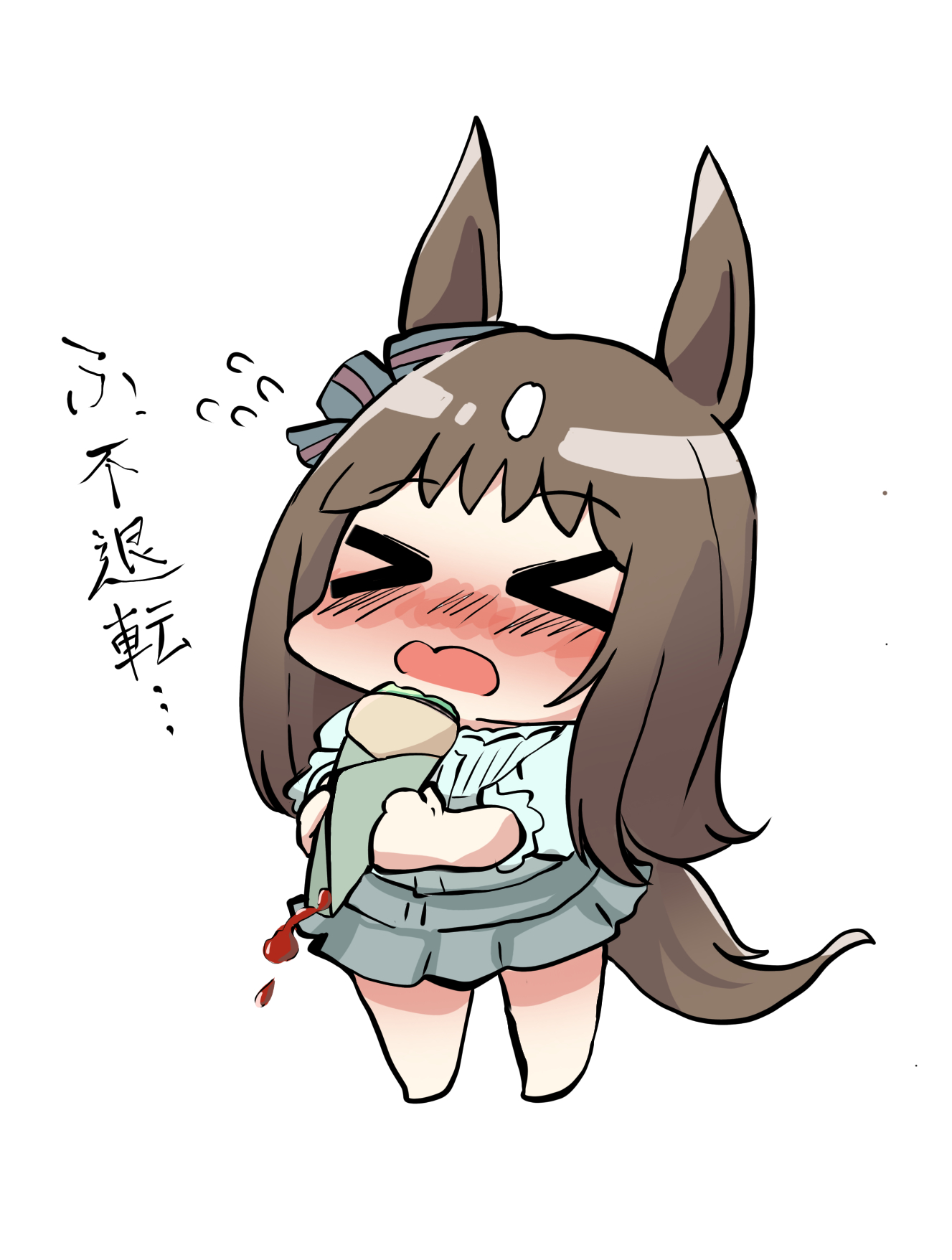 kawamochi (kawauti919), grass wonder (umamusume), umamusume, food request, highres, translation request, > <, 1girl, animal ears, barefoot, blue shirt, blush, blush stickers, bow, brown hair, chibi, closed eyes, ear bow, flying sweatdrops, food, full body, grey skirt, holding, holding food, horse ears, horse girl, horse tail, long hair, multicolored hair, nose blush, open mouth, puffy short sleeves, puffy sleeves, shirt, short sleeves, simple background, skirt, solo, standing, striped bow, tail, two-tone hair, very long hair, wavy mouth, white background, white hair