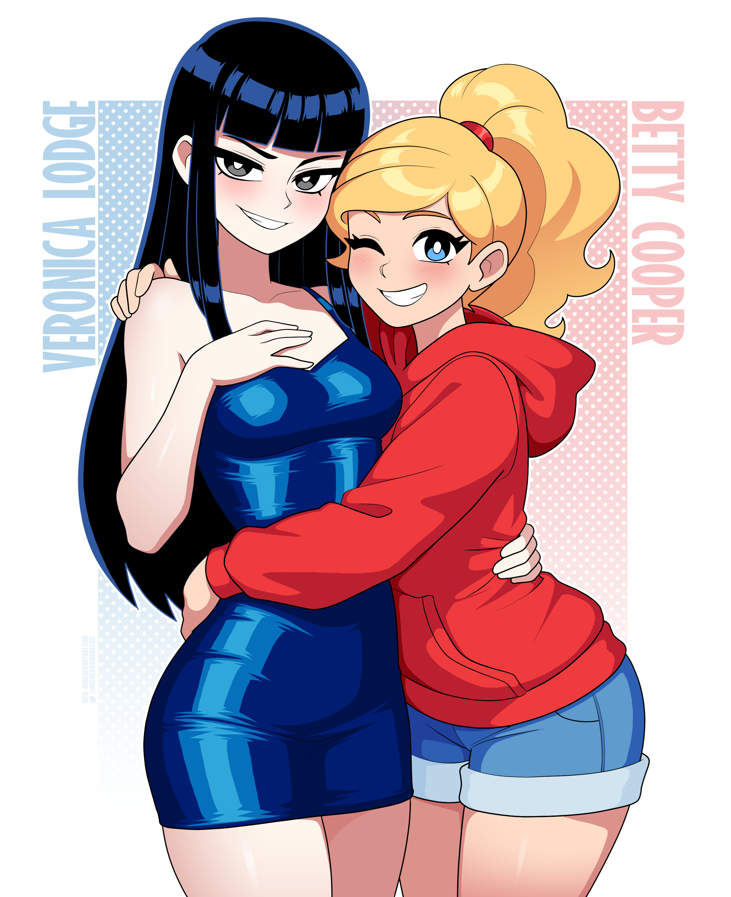 nico-neko, betty cooper, veronica lodge, absurdres, commentary, english commentary, highres, 2girls, animification, archie (comic), black eyes, black hair, blonde hair, blue dress, blue eyes, blunt bangs, breasts, character name, denim, denim shorts, dress, grin, high ponytail, hood, hooded sweater, medium breasts, multiple girls, one eye closed, ponytail, red hood, red sweater, short dress, short shorts, shorts, smile, sweater, taut clothes, taut dress
