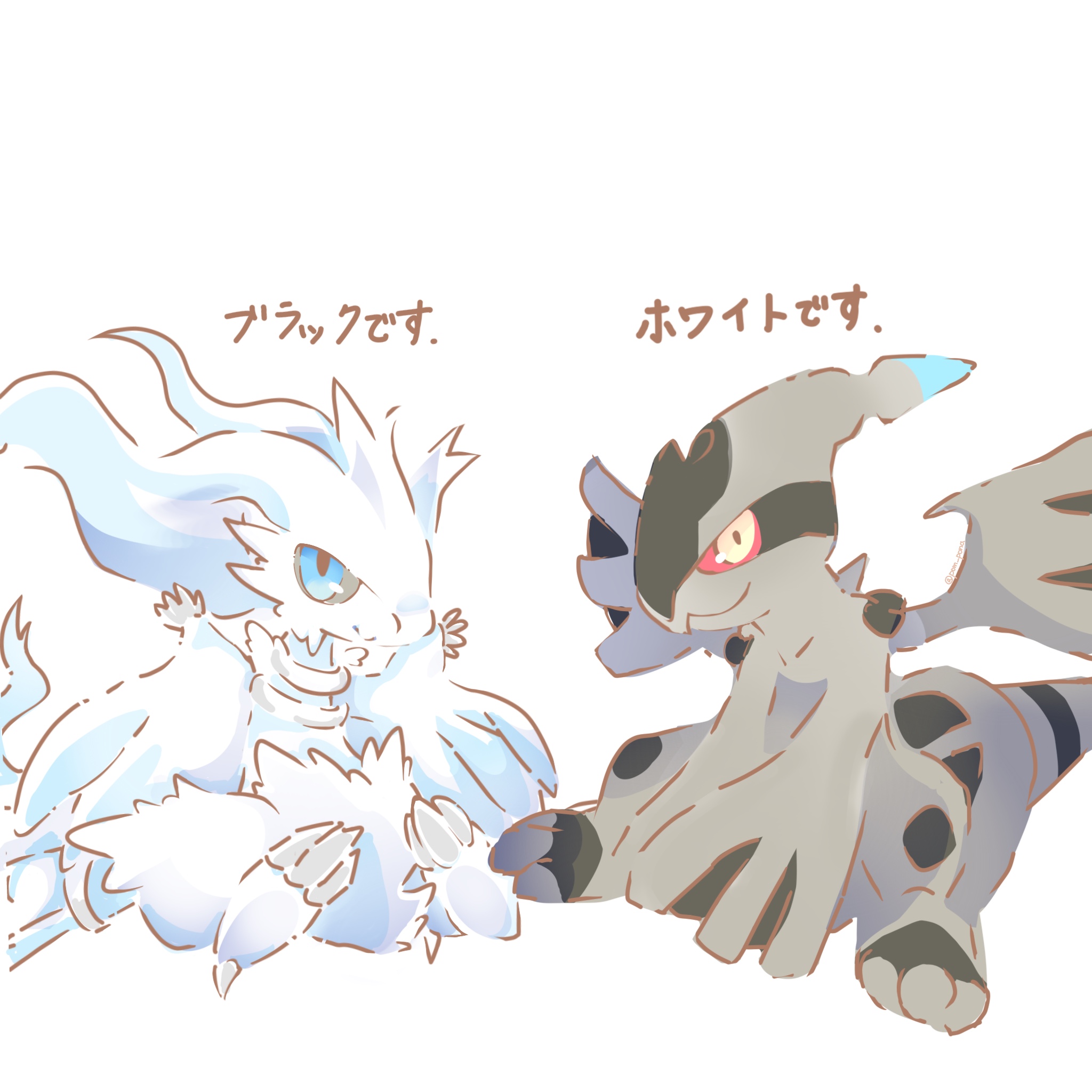 pom pona, reshiram, zekrom, nintendo, pokemon, pokemon bw, highres, blue eyes, blue sclera, colored sclera, dragon, gen 5 pokemon, legendary pokemon, no humans, pokemon (creature), pokemon focus, red eyes, red sclera, white fur