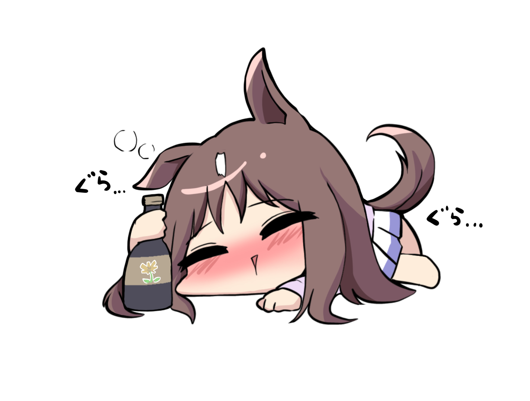 kawamochi (kawauti919), grass wonder (umamusume), umamusume, highres, translation request, 1girl, animal ears, barefoot, bottle, brown hair, holding, holding bottle, horse ears, horse girl, horse tail, long sleeves, multicolored hair, pleated skirt, purple shirt, school uniform, shirt, simple background, skirt, solo, tail, tracen school uniform, two-tone hair, white background, white hair, white skirt