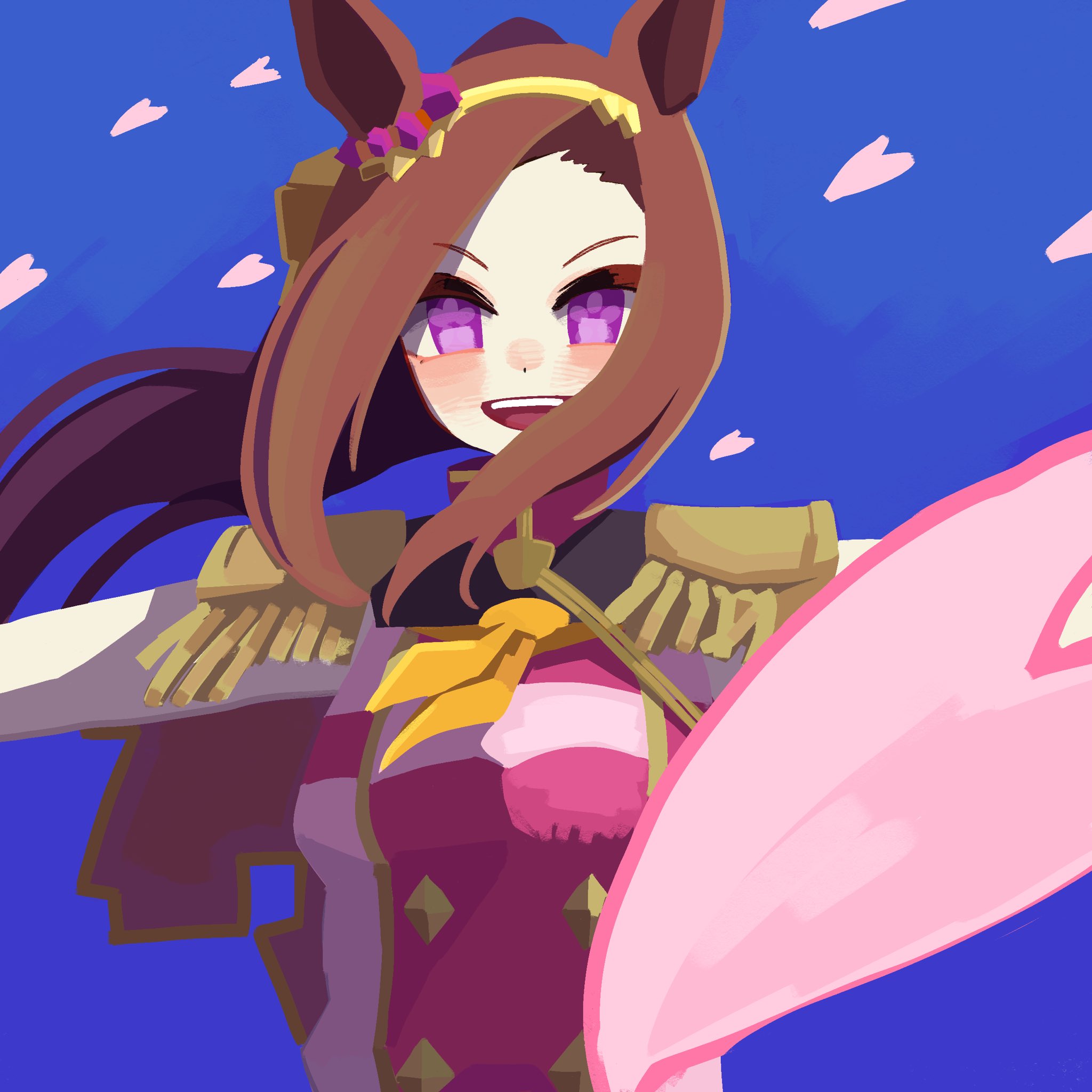 okayu oziya, sakura bakushin o (blossom in learning) (umamusume), sakura bakushin o (umamusume), umamusume, highres, 1girl, animal ears, blue background, blush, breasts, brown hair, ear ornament, epaulettes, flower in eye, gold hairband, hairband, horse ears, horse girl, long hair, looking at viewer, neckerchief, open mouth, petals, ponytail, purple eyes, shirt, simple background, sleeveless, smile, solo, symbol in eye, teeth, upper body, upper teeth only, yellow neckerchief