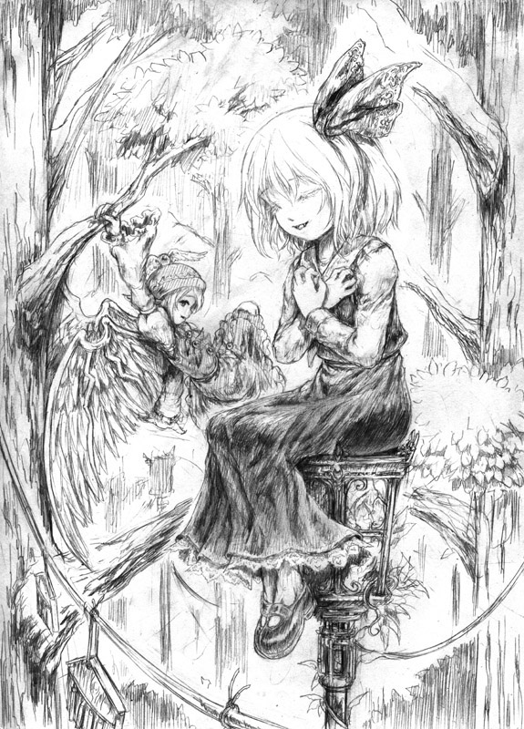 katzeh, mystia lorelei, rumia, touhou, 2girls, animal ears, fangs, female focus, forest, greyscale, hair ribbon, hat, lamppost, monochrome, multiple girls, nature, outdoors, plant, ribbon, scenery, short hair, sketch, tree, wings