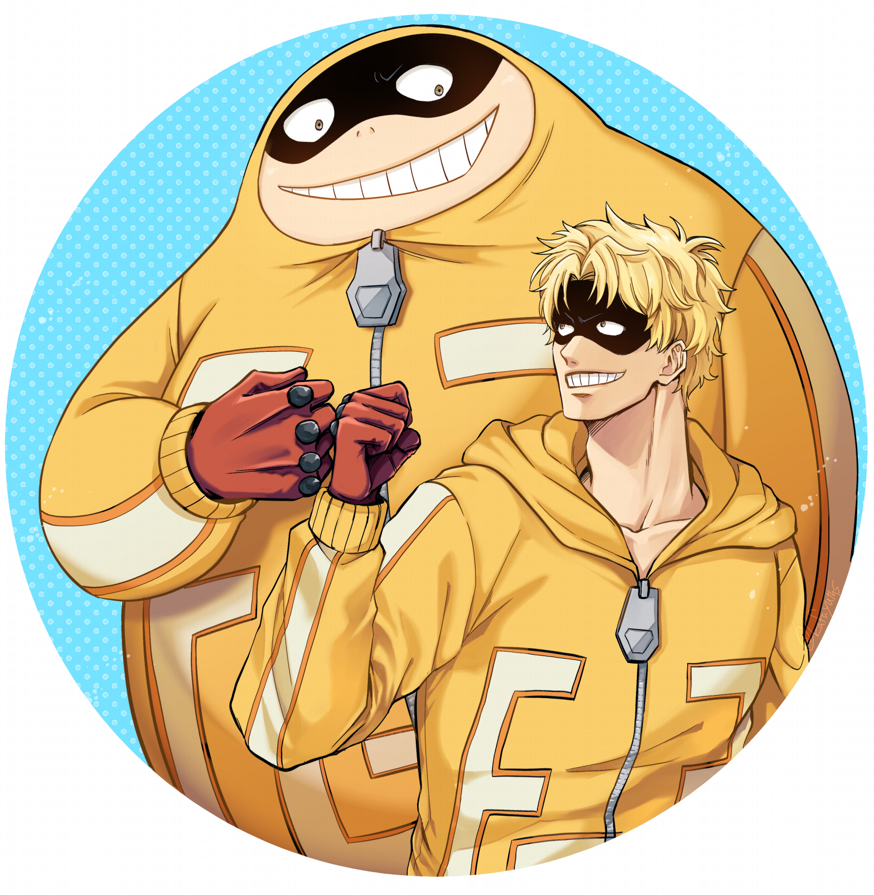 kafuyutns, fat gum (boku no hero academia), boku no hero academia, highres, 1boy, blonde hair, dual persona, fat, fat man, gloves, grid teeth, grin, hood, hood down, jacket, male focus, mask, nostrils, red gloves, smile, upper body, yellow jacket, zipper pull tab