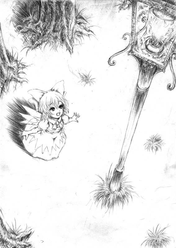 katzeh, cirno, touhou, 1girl, dress, female focus, grass, greyscale, hair ribbon, lamppost, monochrome, nature, outdoors, plant, ribbon, scenery, solo, tree, wings